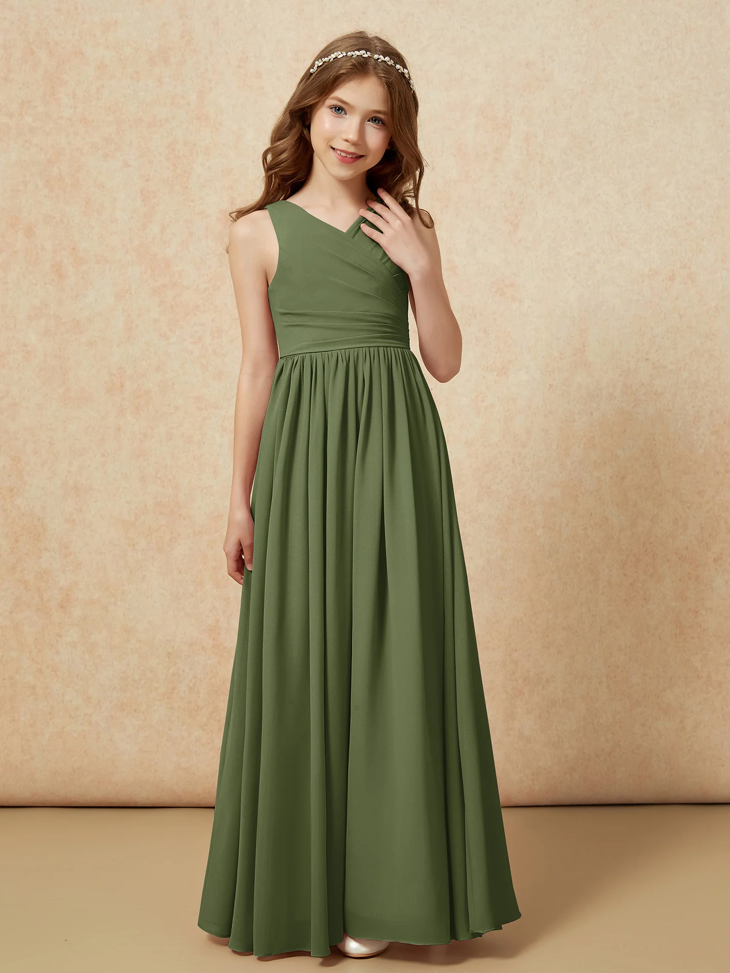 Pleated V-neck Chiffon Long Junior Bridesmaid Dresses Olive Green - Image 5