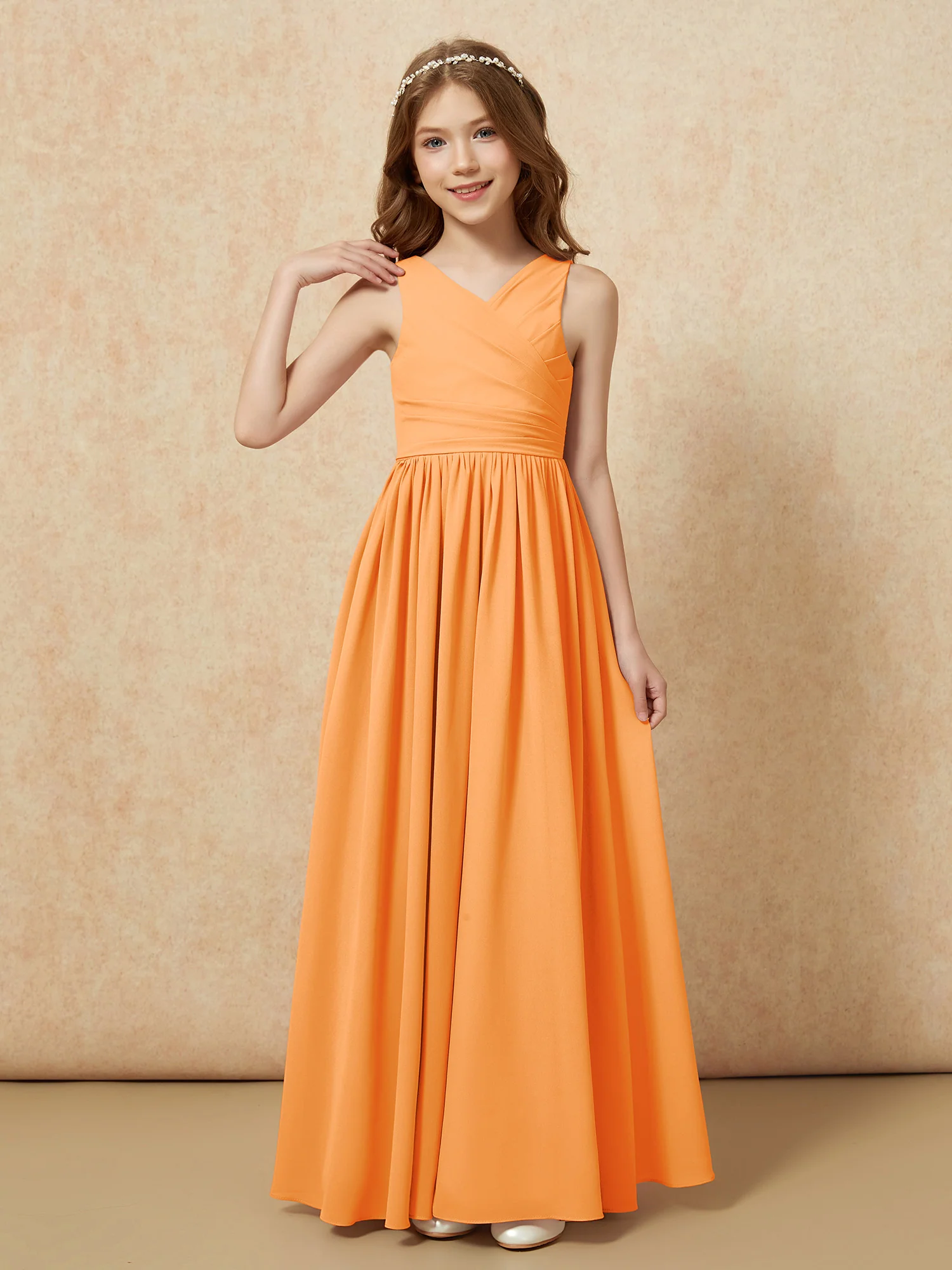 Pleated V-neck Chiffon Long Junior Bridesmaid Dresses Orange
