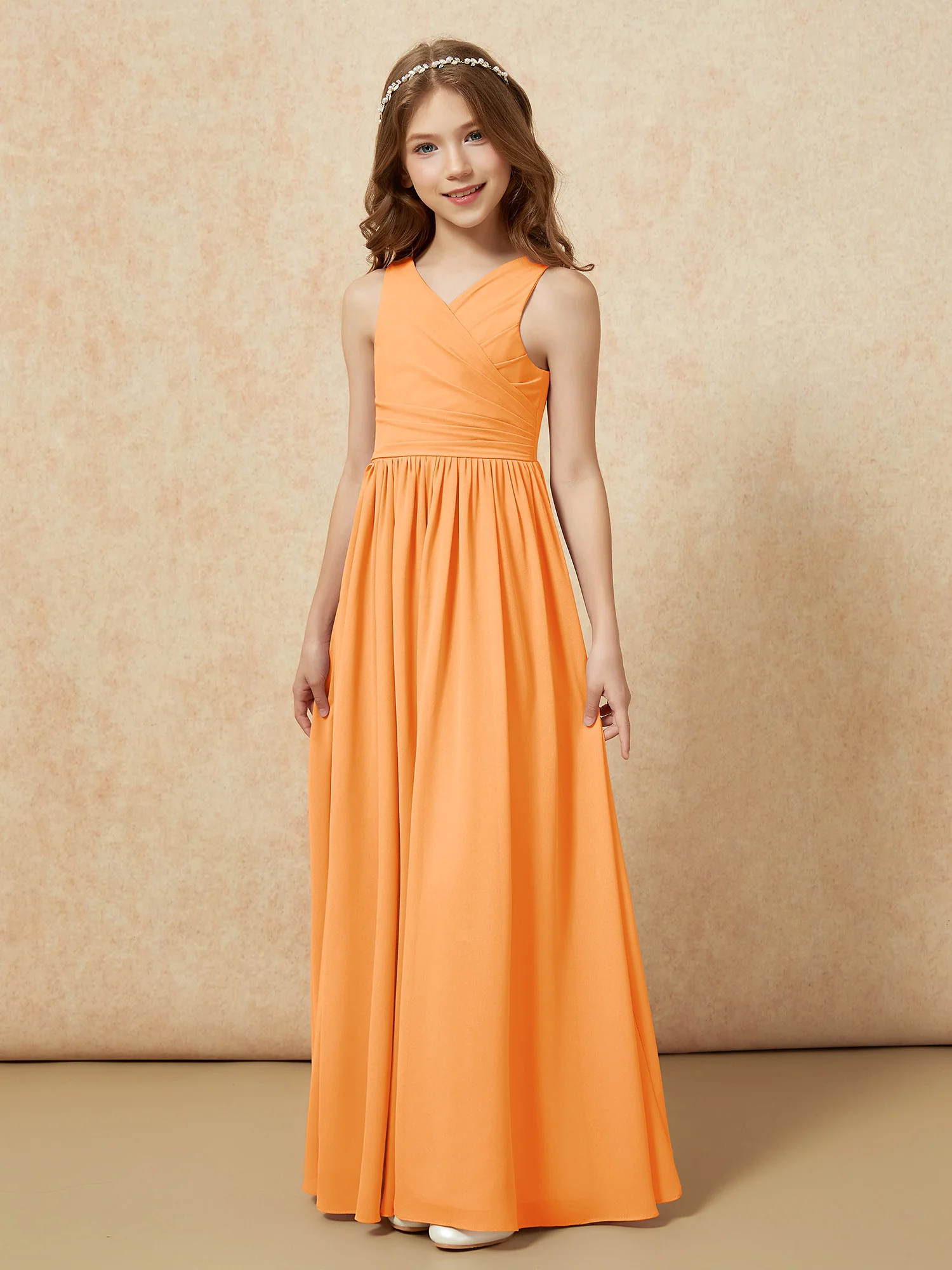 Pleated V-neck Chiffon Long Junior Bridesmaid Dresses Orange - Image 3