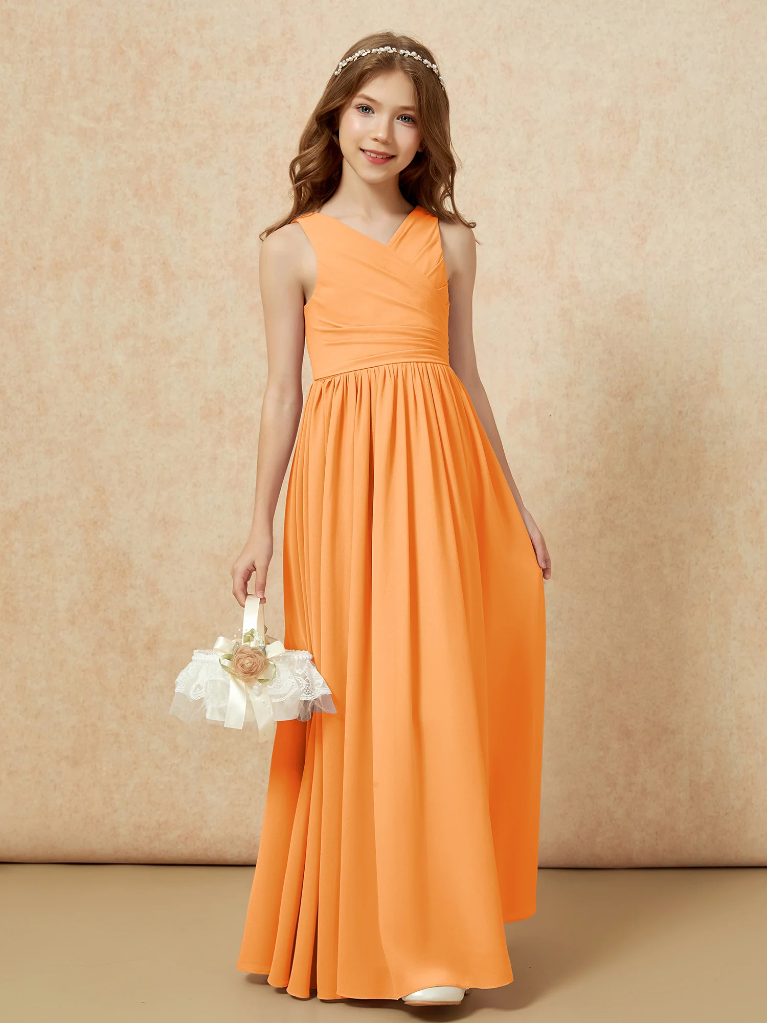 Pleated V-neck Chiffon Long Junior Bridesmaid Dresses Orange - Image 4