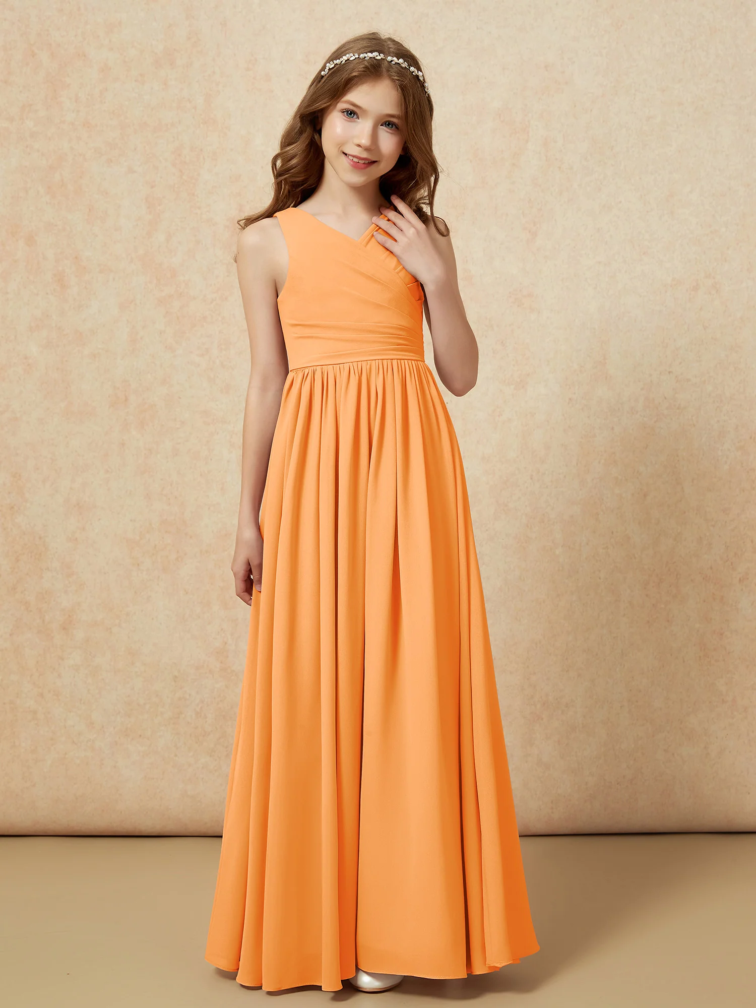 Pleated V-neck Chiffon Long Junior Bridesmaid Dresses Orange - Image 5