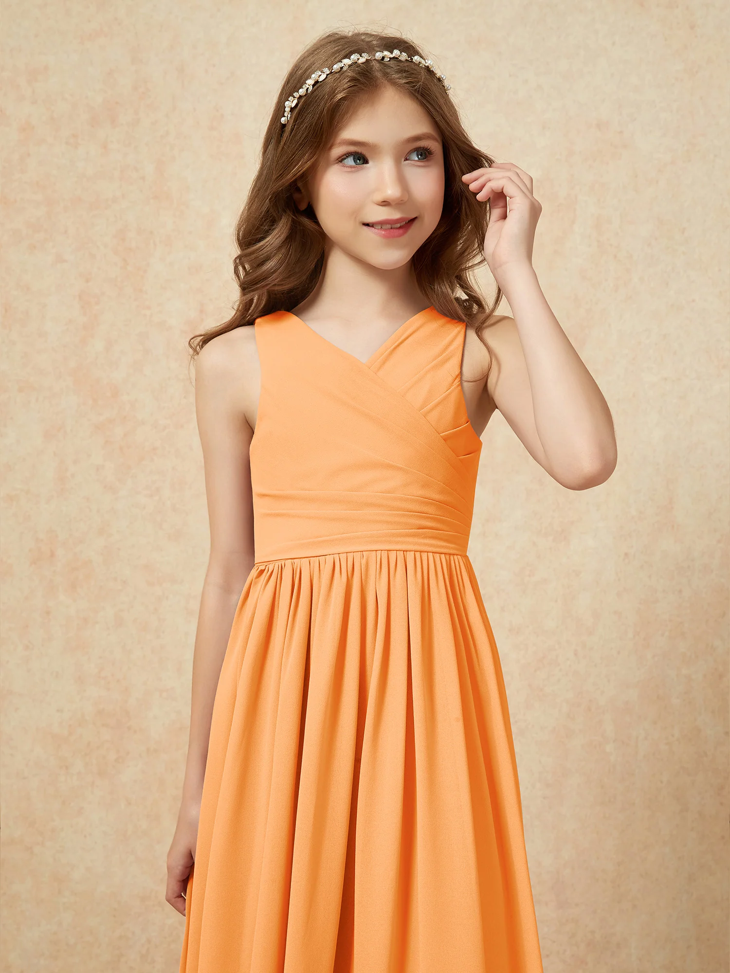 Pleated V-neck Chiffon Long Junior Bridesmaid Dresses Orange - Image 6