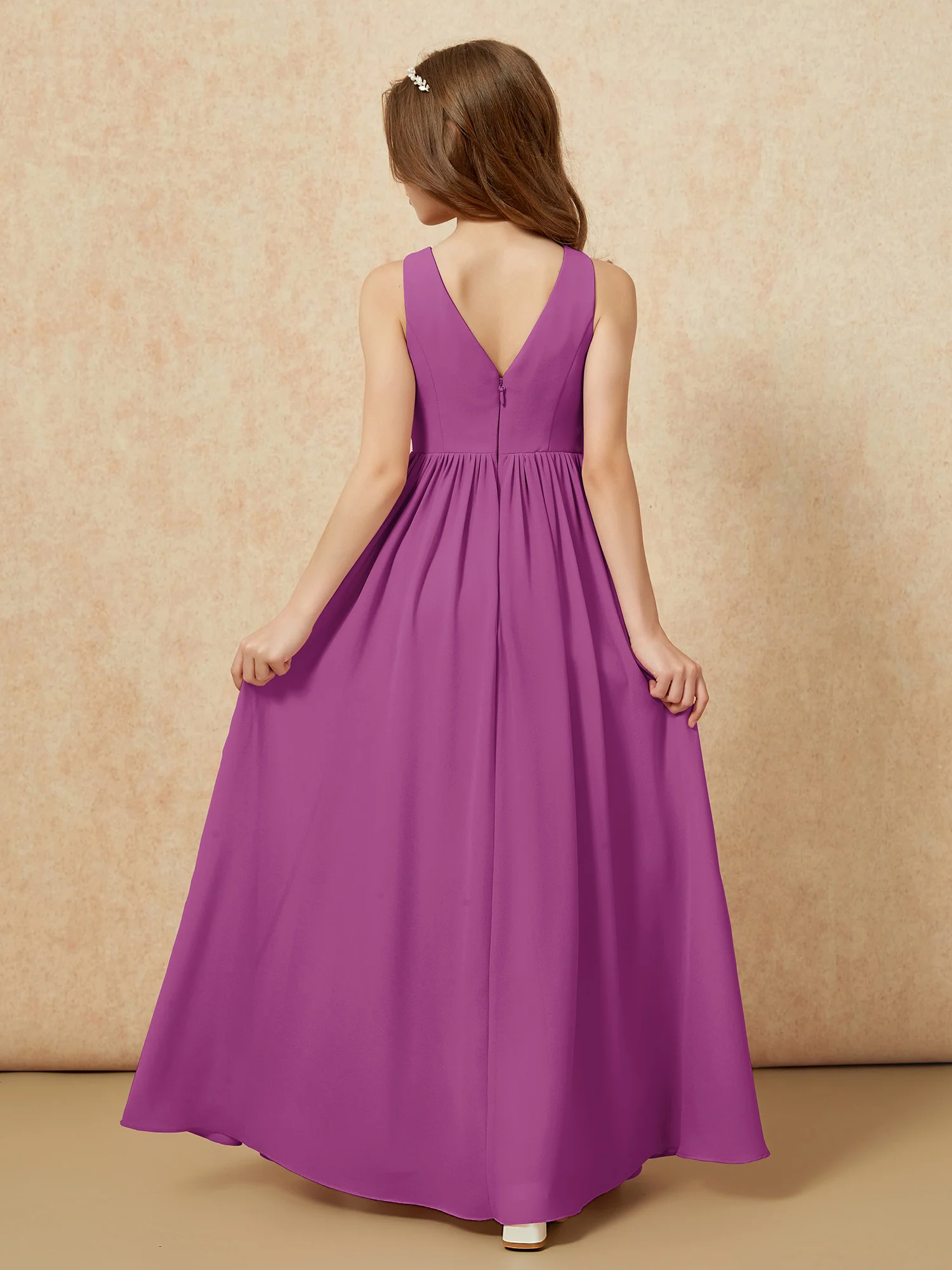 Pleated V-neck Chiffon Long Junior Bridesmaid Dresses Orchid - Image 2