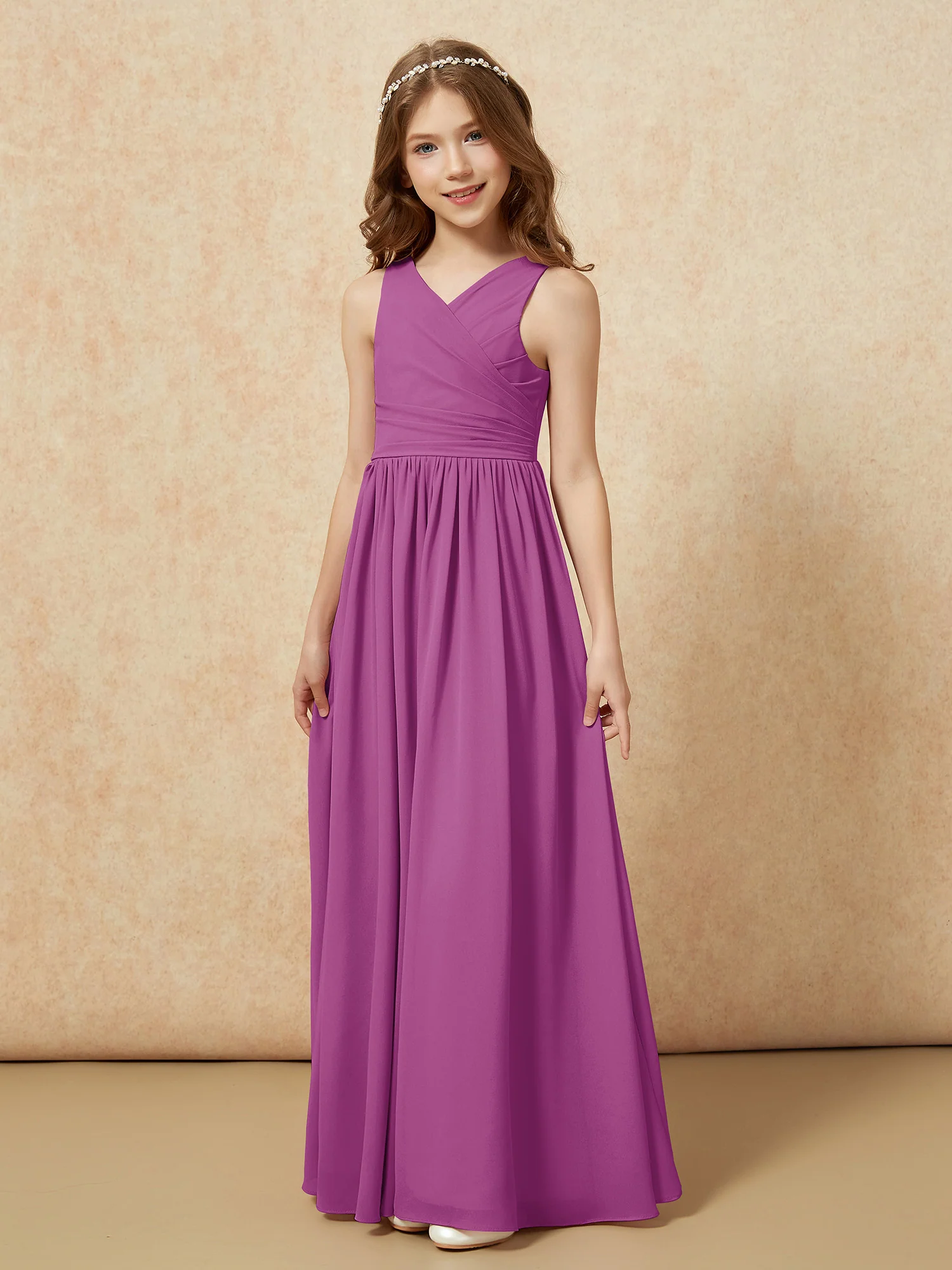 Pleated V-neck Chiffon Long Junior Bridesmaid Dresses Orchid - Image 3