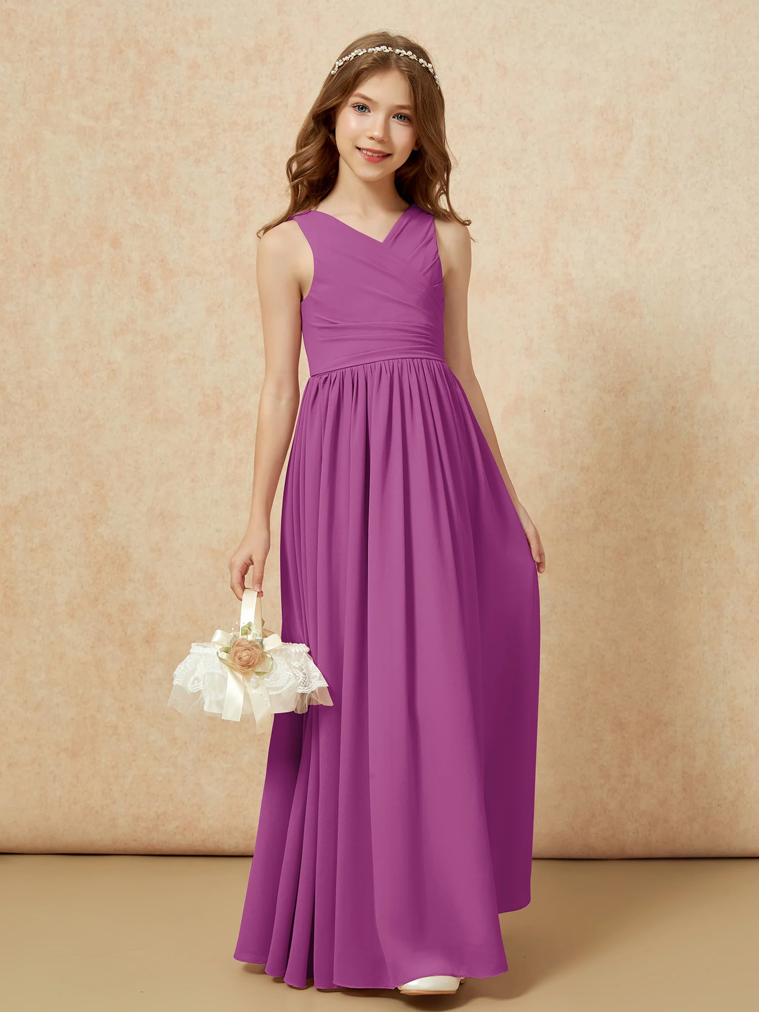 Pleated V-neck Chiffon Long Junior Bridesmaid Dresses Orchid - Image 4