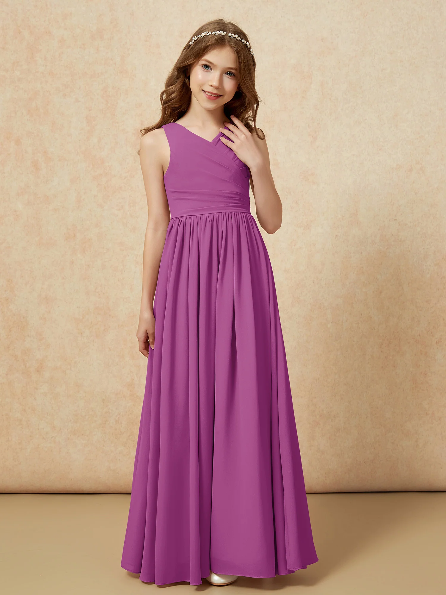 Pleated V-neck Chiffon Long Junior Bridesmaid Dresses Orchid - Image 5