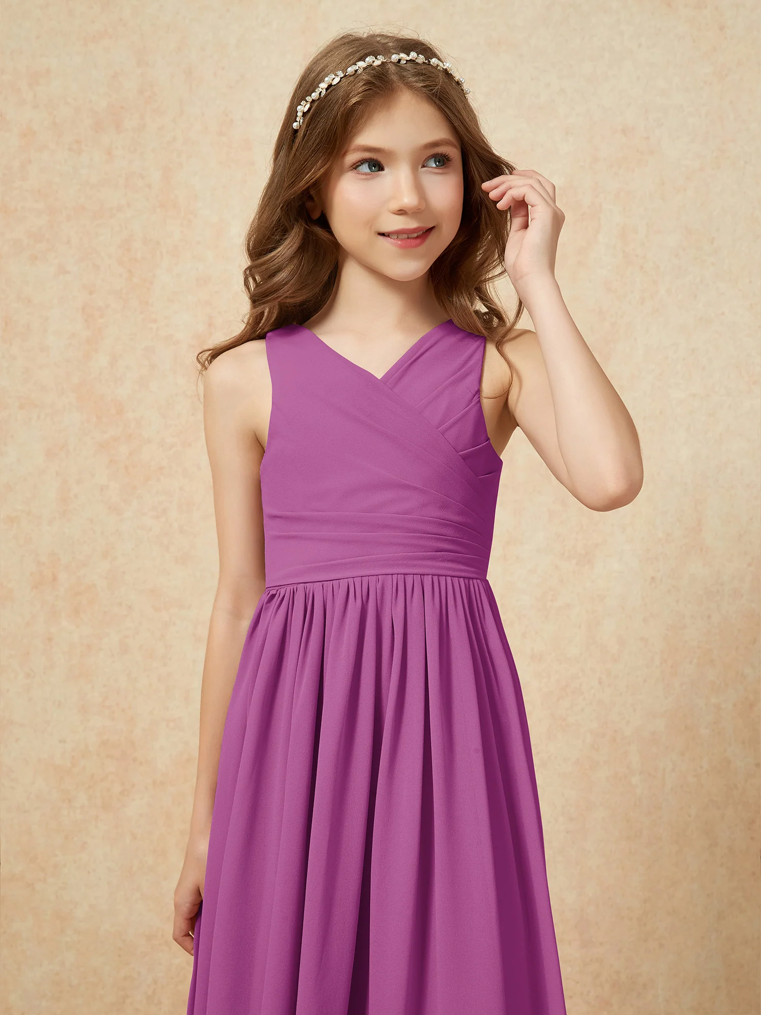 Pleated V-neck Chiffon Long Junior Bridesmaid Dresses Orchid - Image 6
