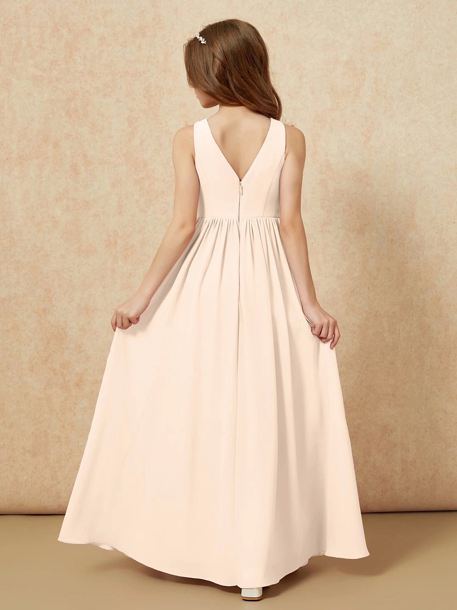 Pleated V-neck Chiffon Long Junior Bridesmaid Dresses Peach - Image 2