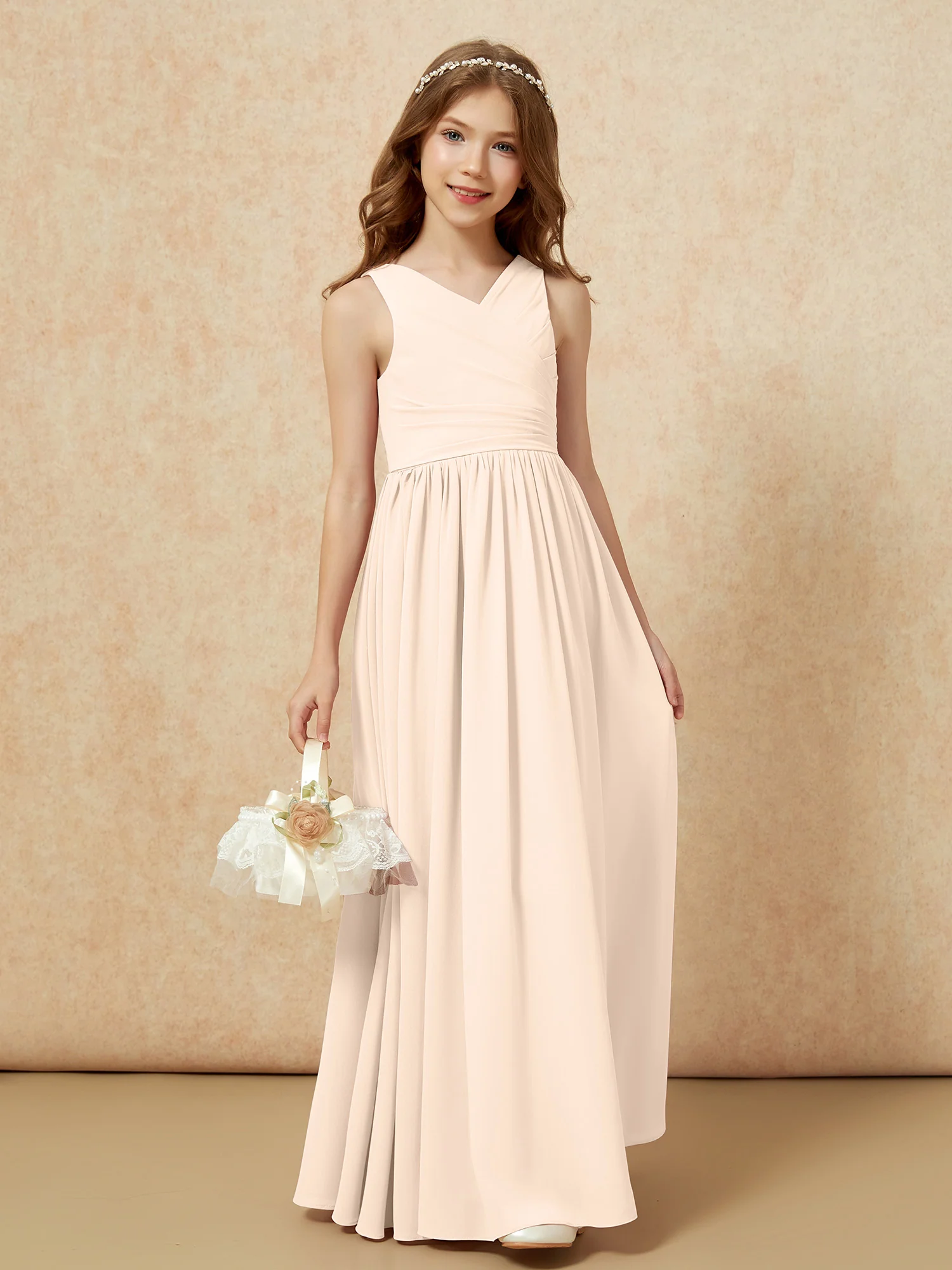 Pleated V-neck Chiffon Long Junior Bridesmaid Dresses Peach - Image 4