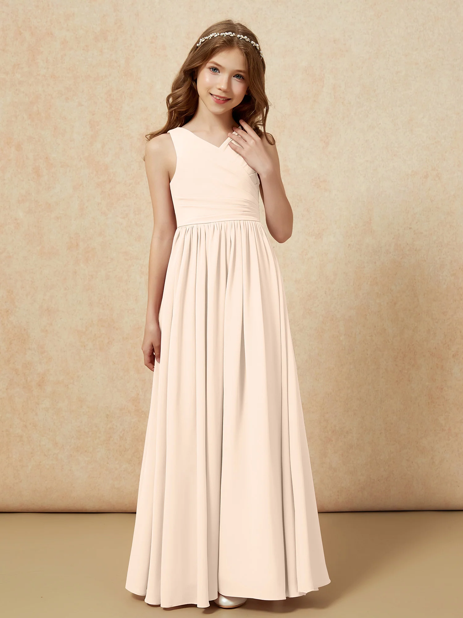 Pleated V-neck Chiffon Long Junior Bridesmaid Dresses Peach - Image 5