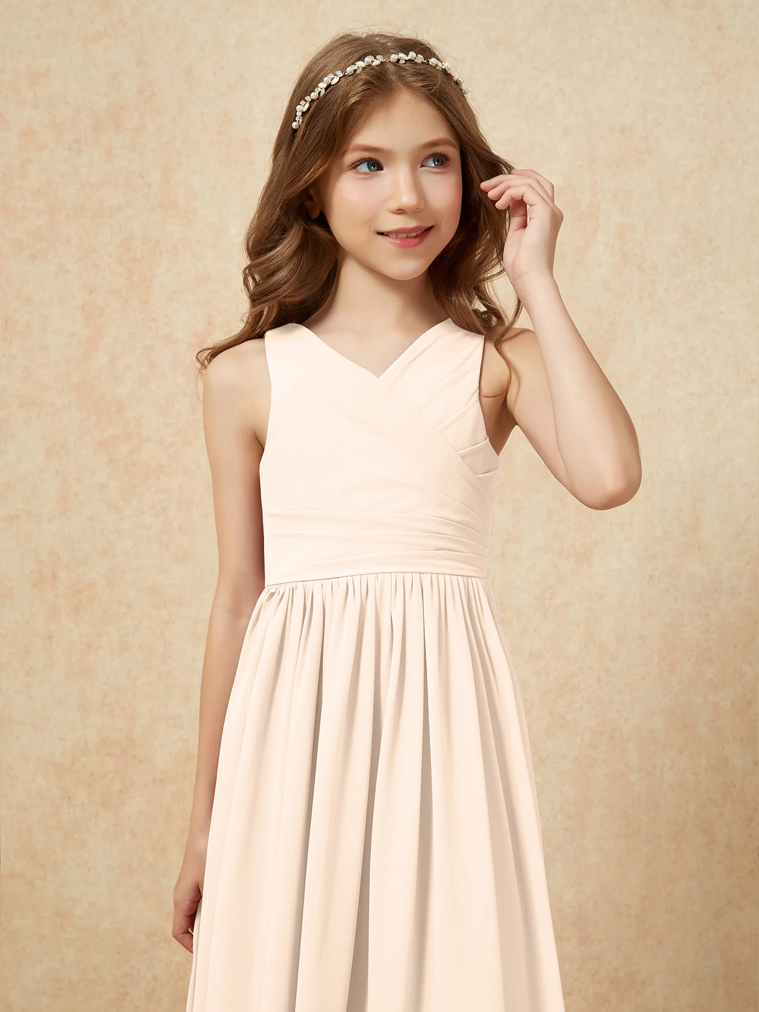 Pleated V-neck Chiffon Long Junior Bridesmaid Dresses Peach - Image 6
