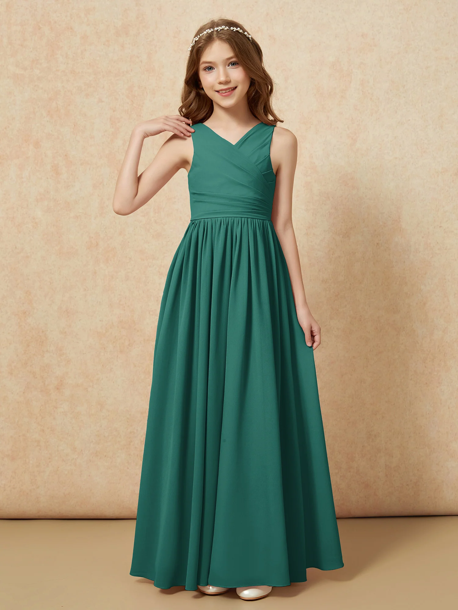 Pleated V-neck Chiffon Long Junior Bridesmaid Dresses Peacock
