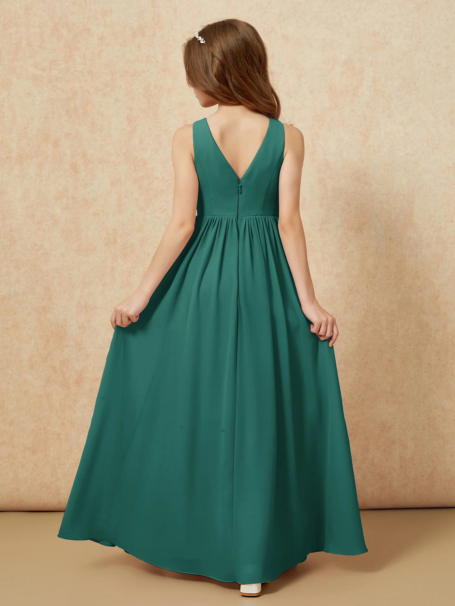 Pleated V-neck Chiffon Long Junior Bridesmaid Dresses Peacock - Image 2