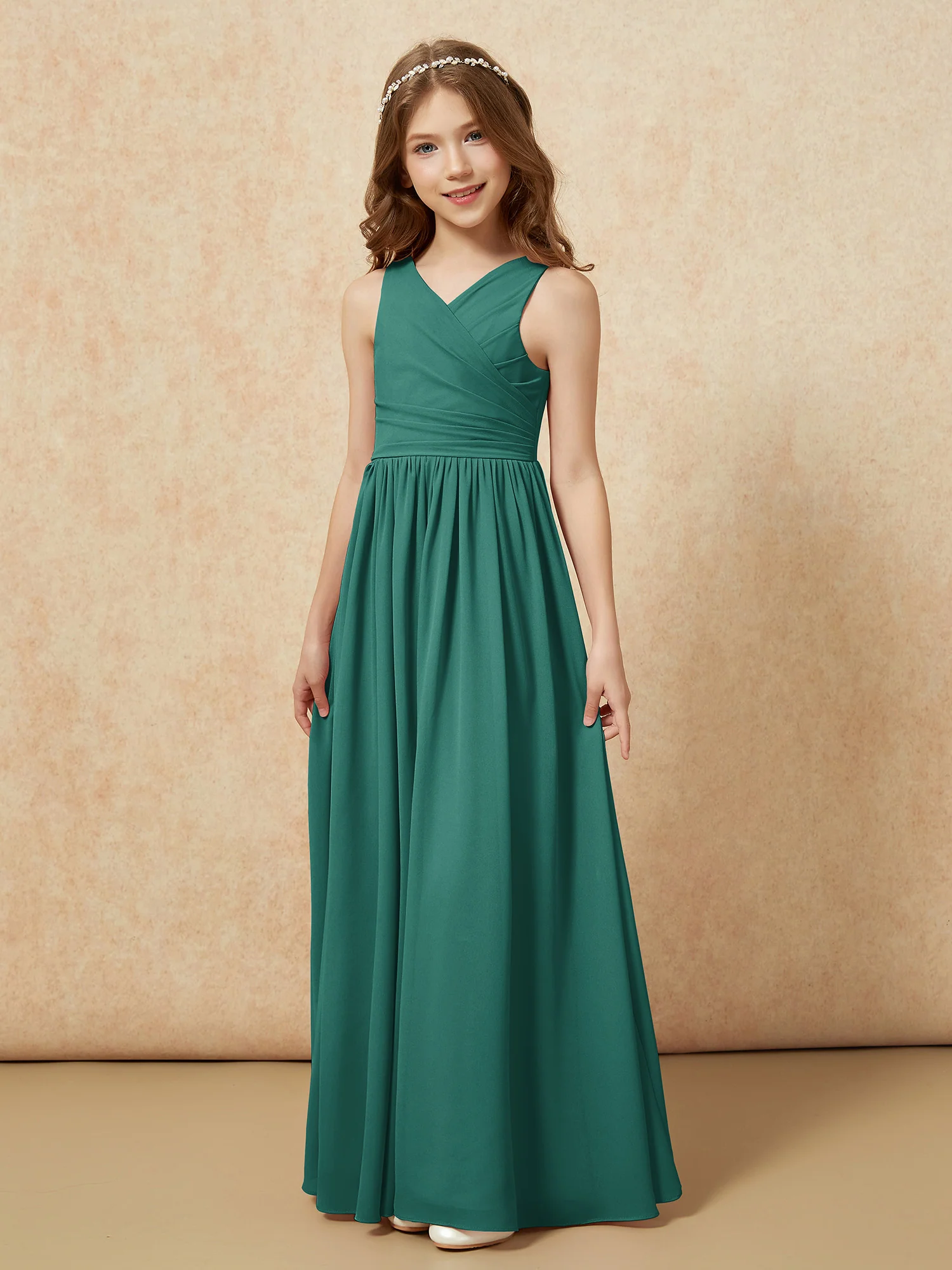 Pleated V-neck Chiffon Long Junior Bridesmaid Dresses Peacock - Image 3