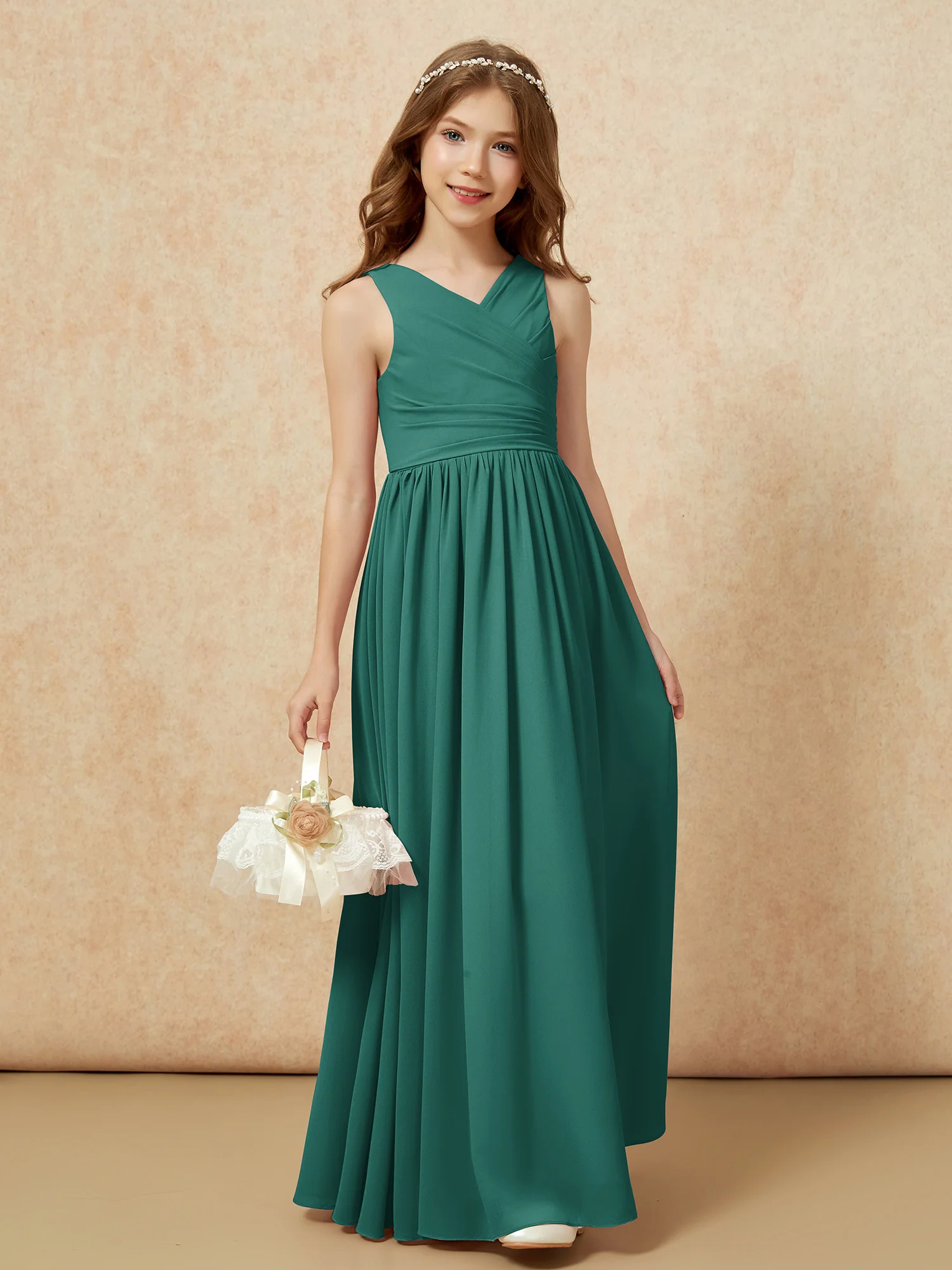 Pleated V-neck Chiffon Long Junior Bridesmaid Dresses Peacock - Image 4