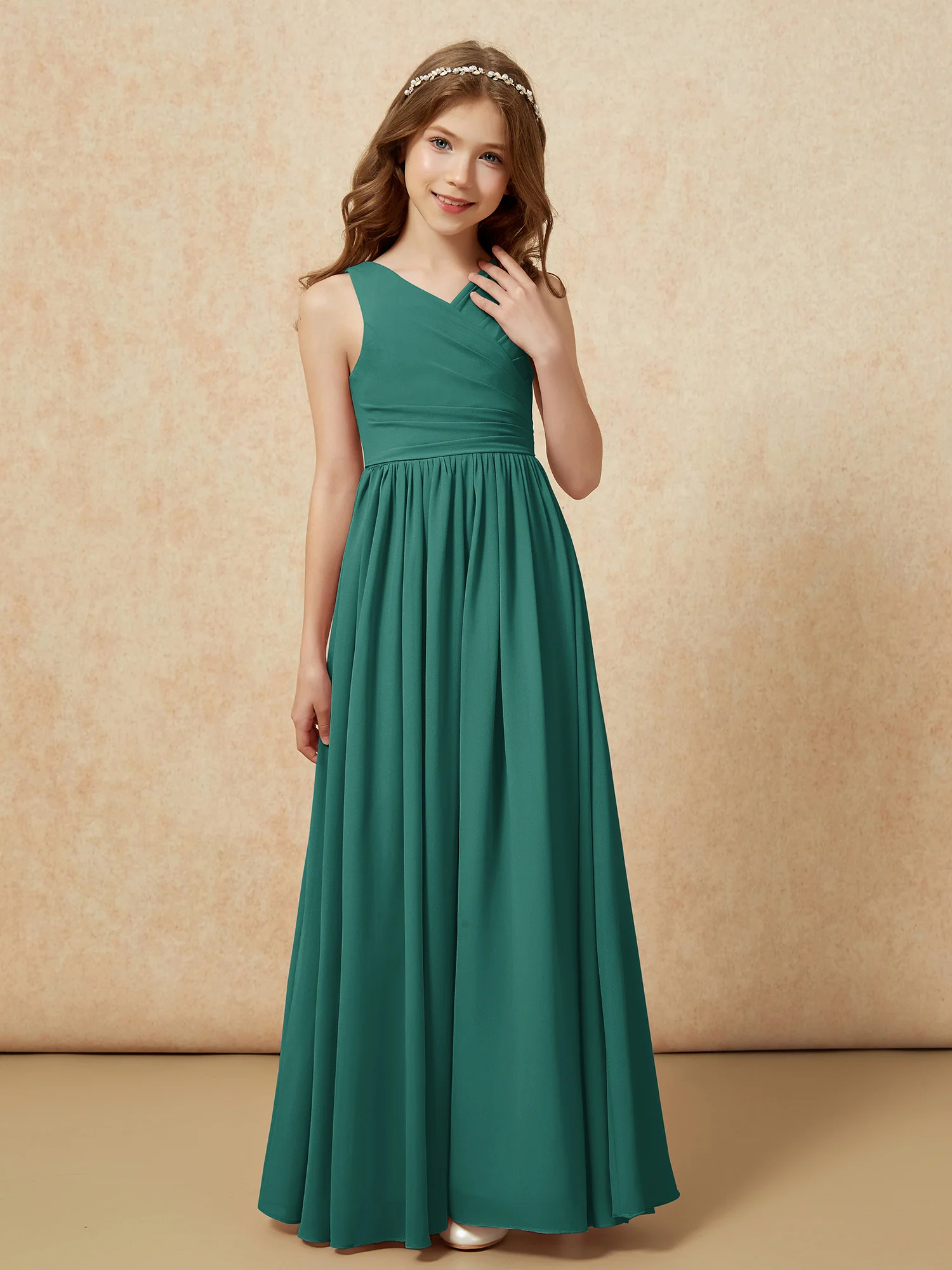 Pleated V-neck Chiffon Long Junior Bridesmaid Dresses Peacock - Image 5