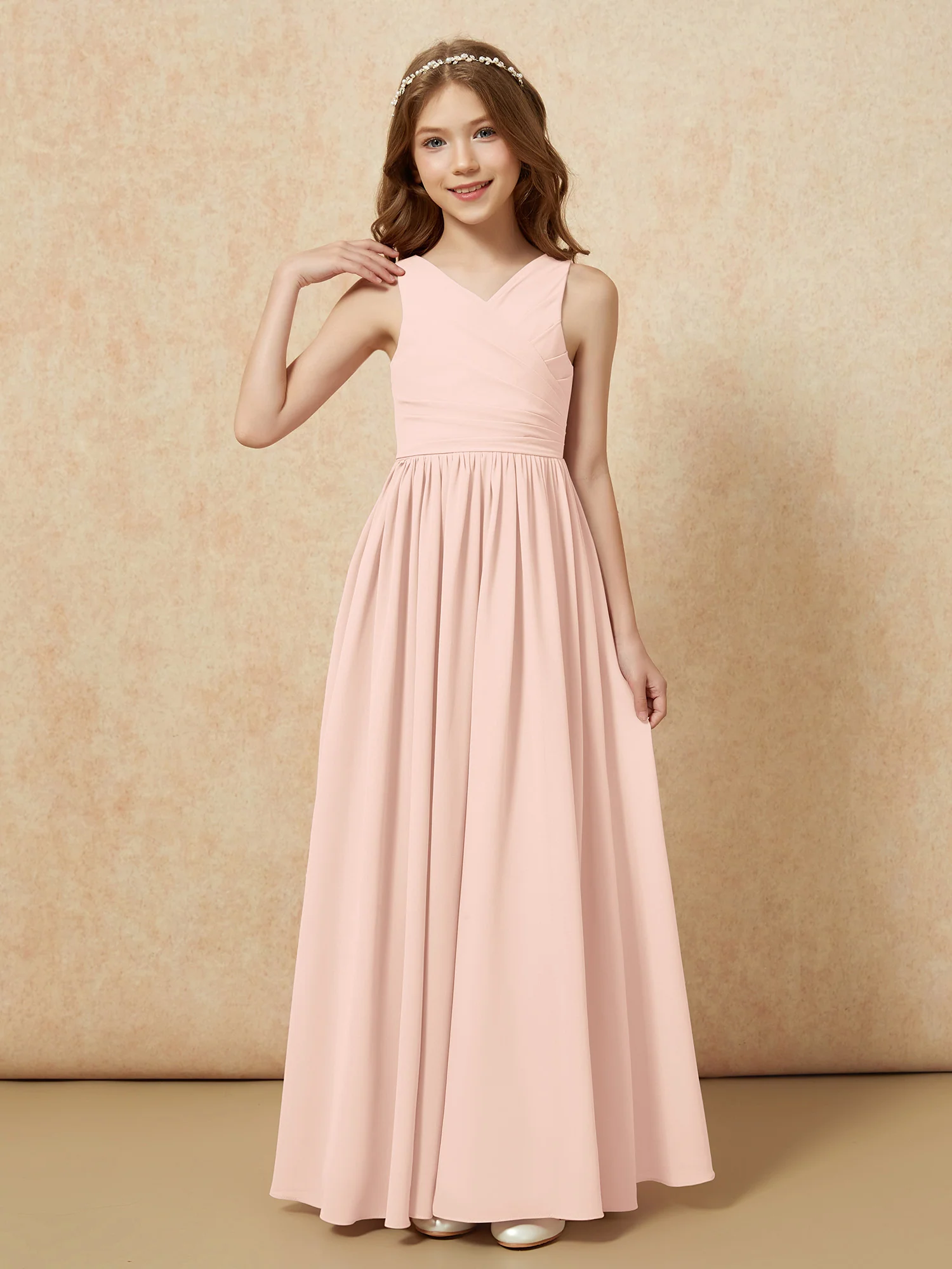 Pleated V-neck Chiffon Long Junior Bridesmaid Dresses Pearl Pink