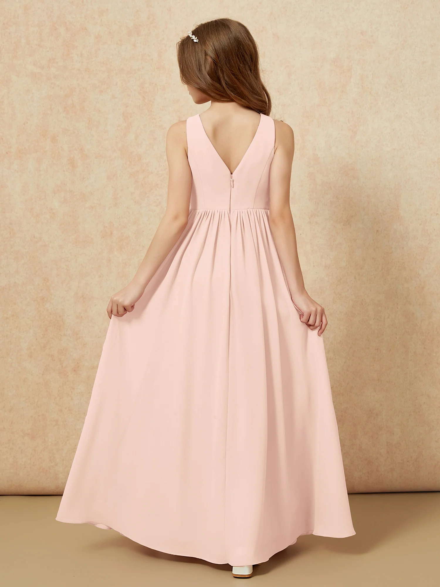 Pleated V-neck Chiffon Long Junior Bridesmaid Dresses Pearl Pink - Image 2