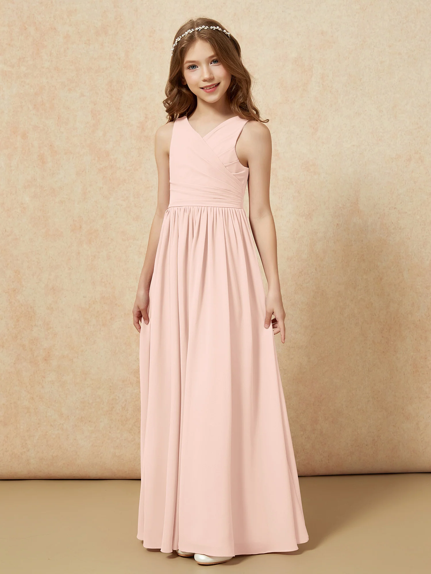 Pleated V-neck Chiffon Long Junior Bridesmaid Dresses Pearl Pink - Image 3