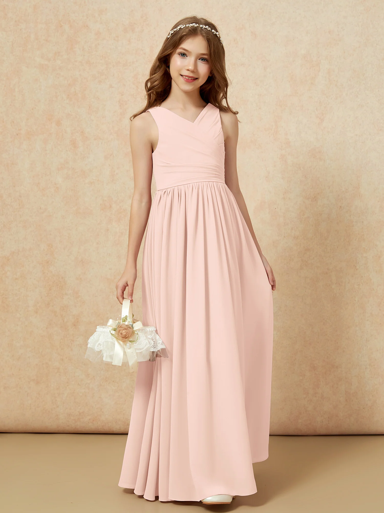 Pleated V-neck Chiffon Long Junior Bridesmaid Dresses Pearl Pink - Image 4
