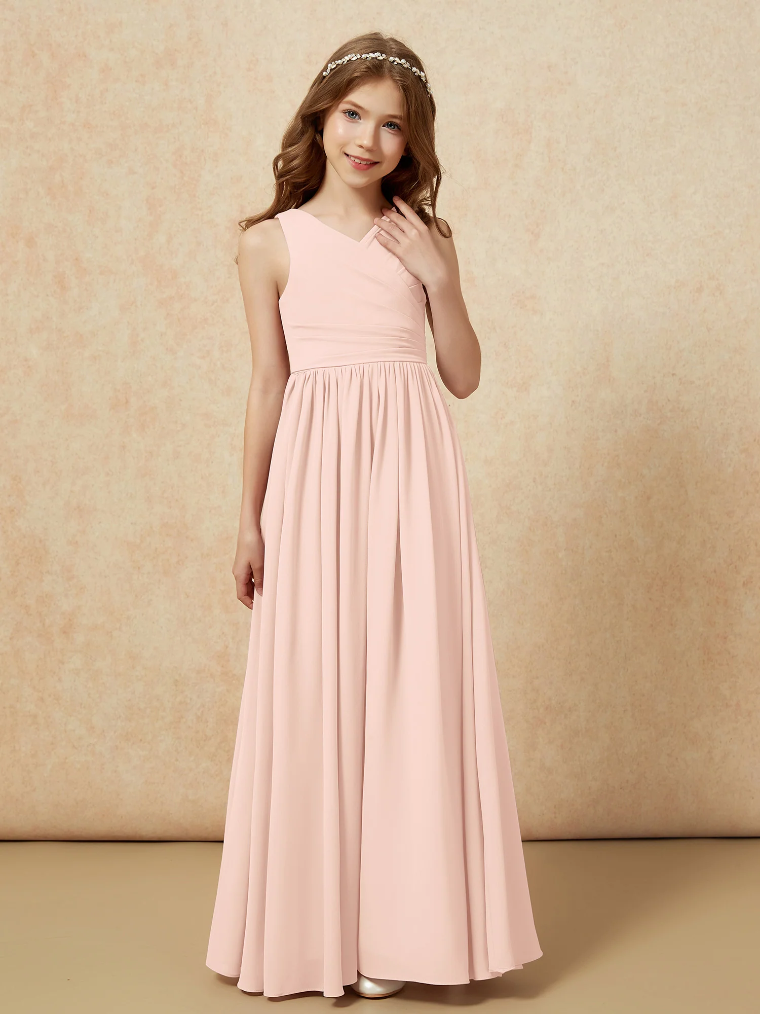 Pleated V-neck Chiffon Long Junior Bridesmaid Dresses Pearl Pink - Image 5