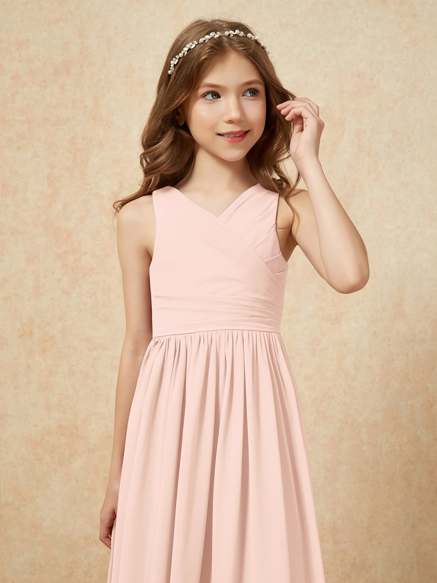 Pleated V-neck Chiffon Long Junior Bridesmaid Dresses Pearl Pink - Image 6