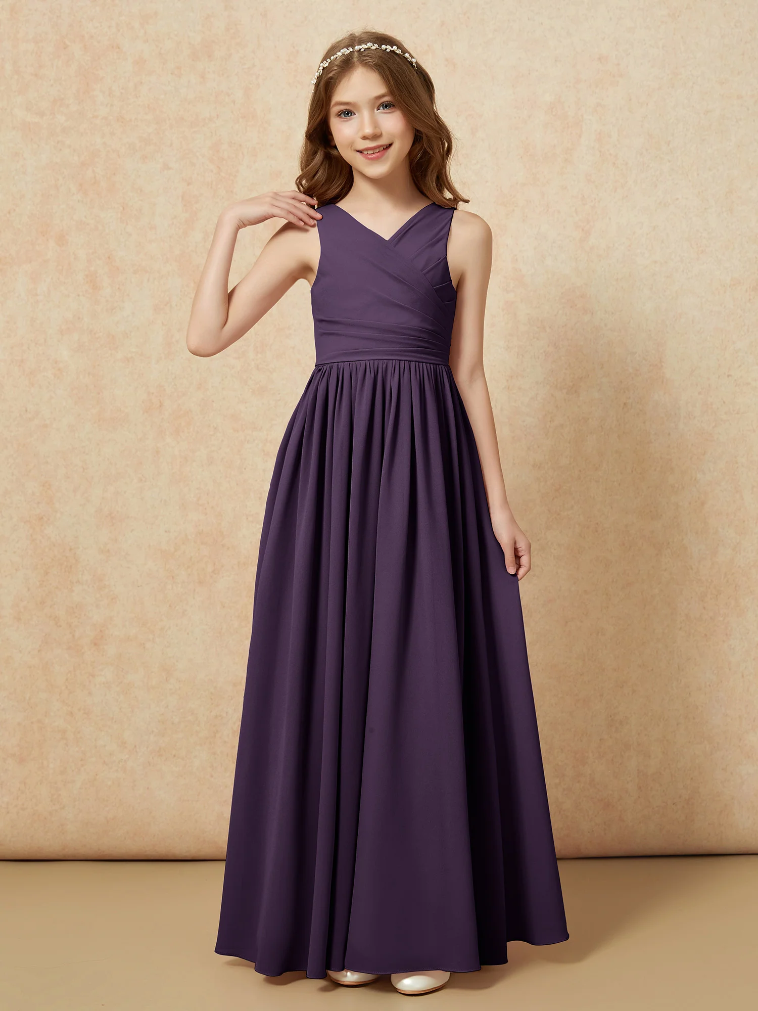 Pleated V-neck Chiffon Long Junior Bridesmaid Dresses Plum