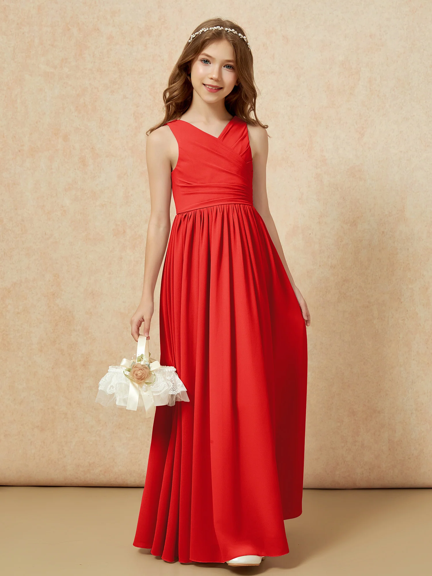 Pleated V-neck Chiffon Long Junior Bridesmaid Dresses Red - Image 4
