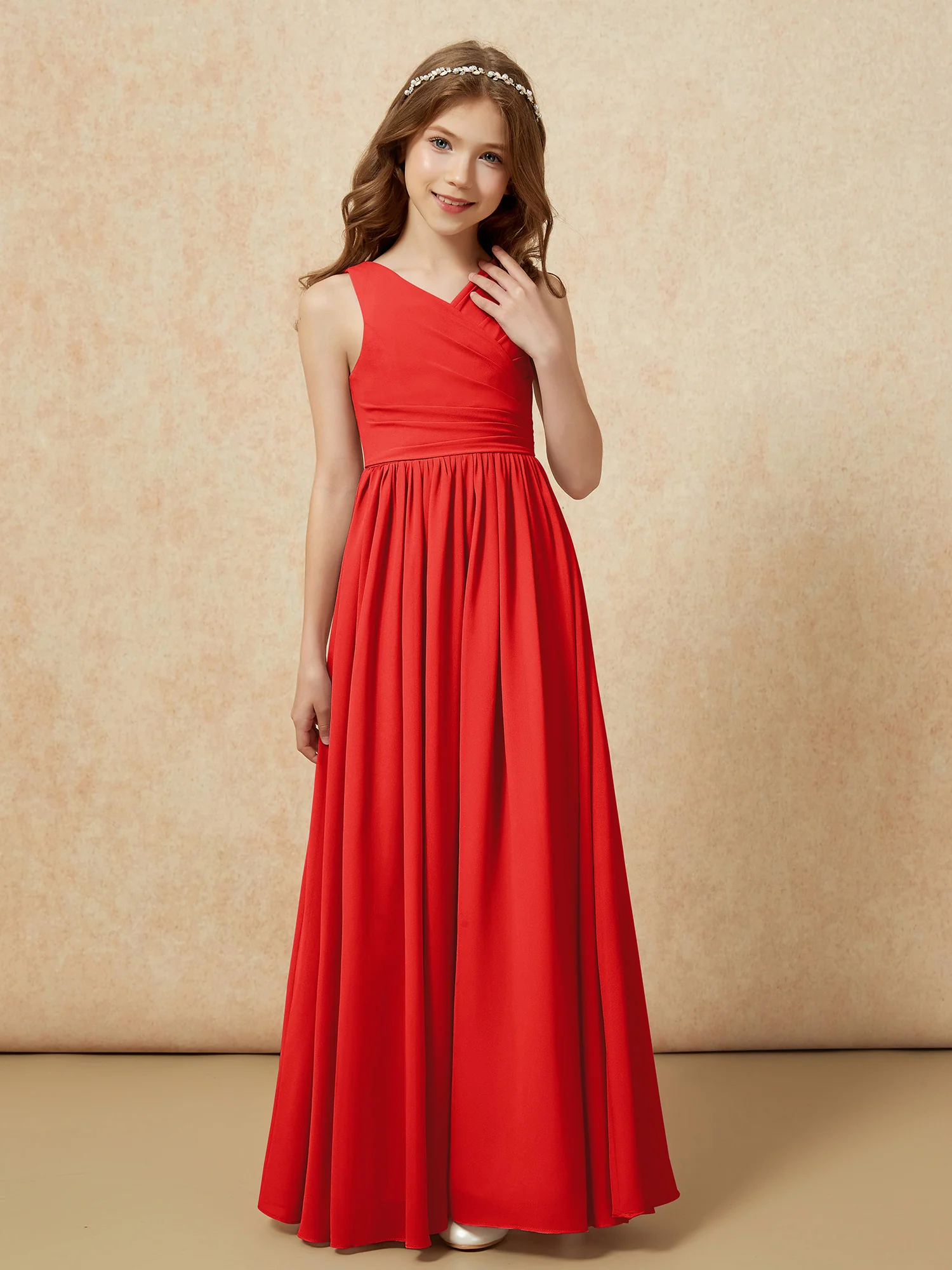 Pleated V-neck Chiffon Long Junior Bridesmaid Dresses Red - Image 5