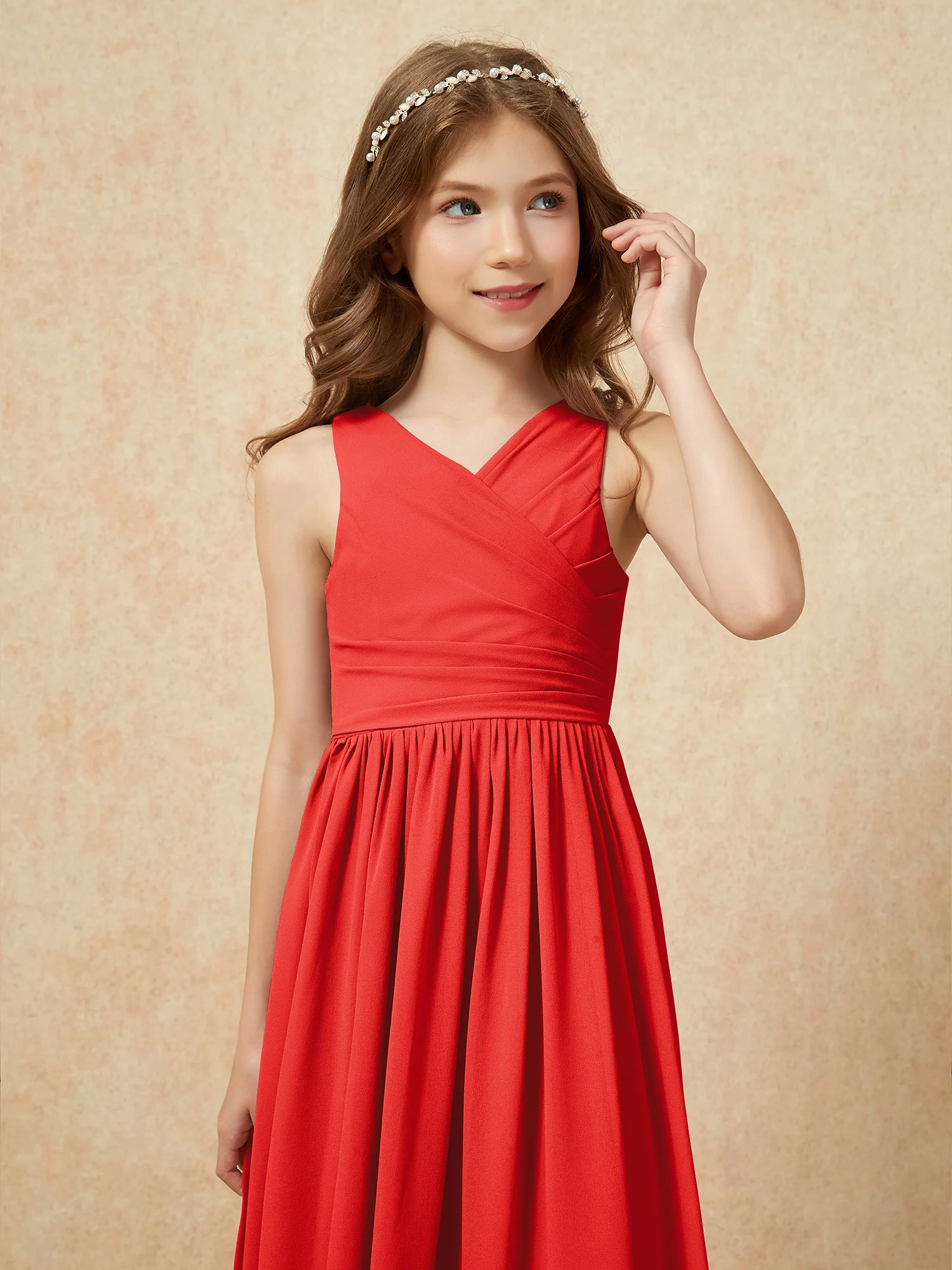 Pleated V-neck Chiffon Long Junior Bridesmaid Dresses Red - Image 6