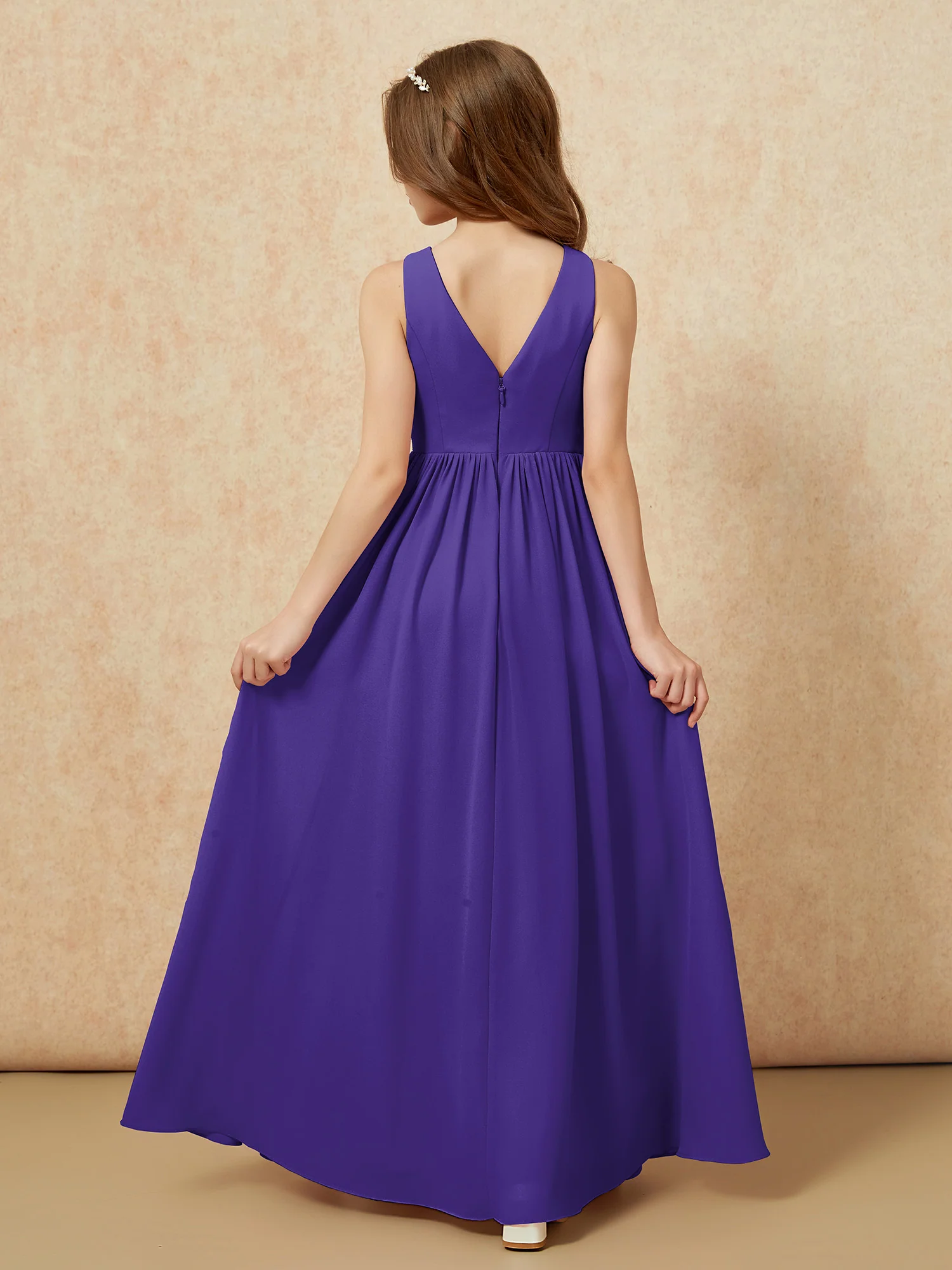 Pleated V-neck Chiffon Long Junior Bridesmaid Dresses Regency - Image 2