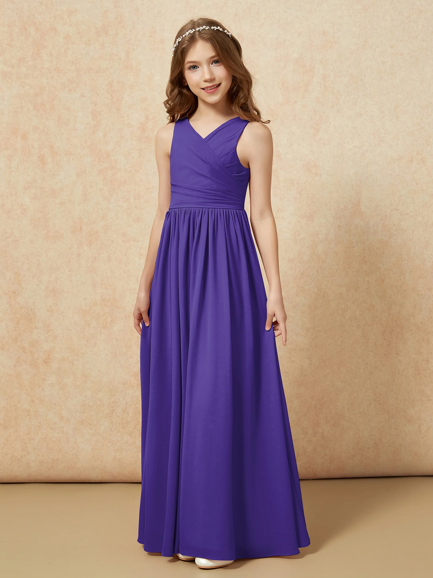 Pleated V-neck Chiffon Long Junior Bridesmaid Dresses Regency - Image 3