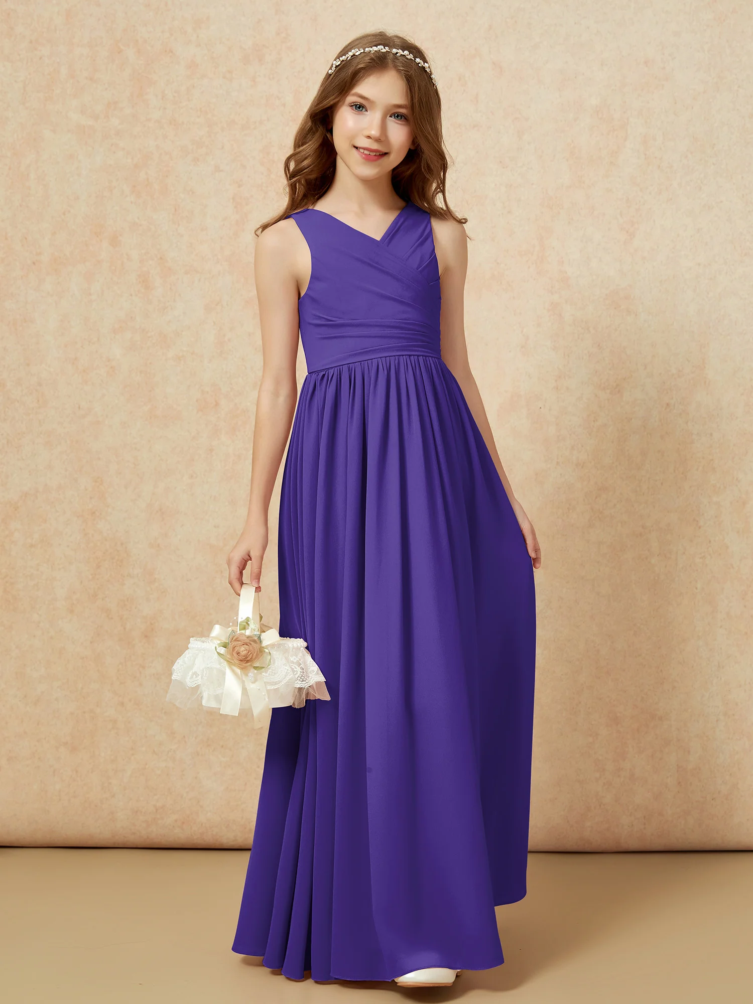 Pleated V-neck Chiffon Long Junior Bridesmaid Dresses Regency - Image 4