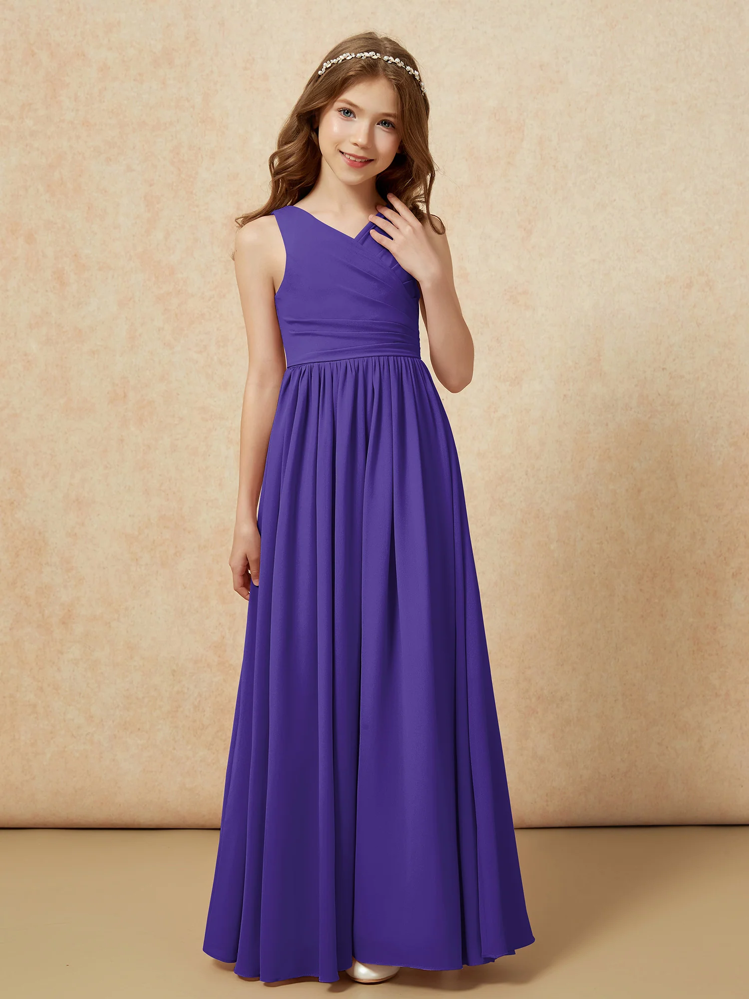Pleated V-neck Chiffon Long Junior Bridesmaid Dresses Regency - Image 5