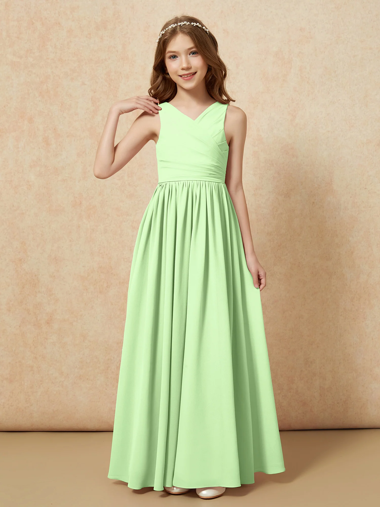 Pleated V-neck Chiffon Long Junior Bridesmaid Dresses Sage