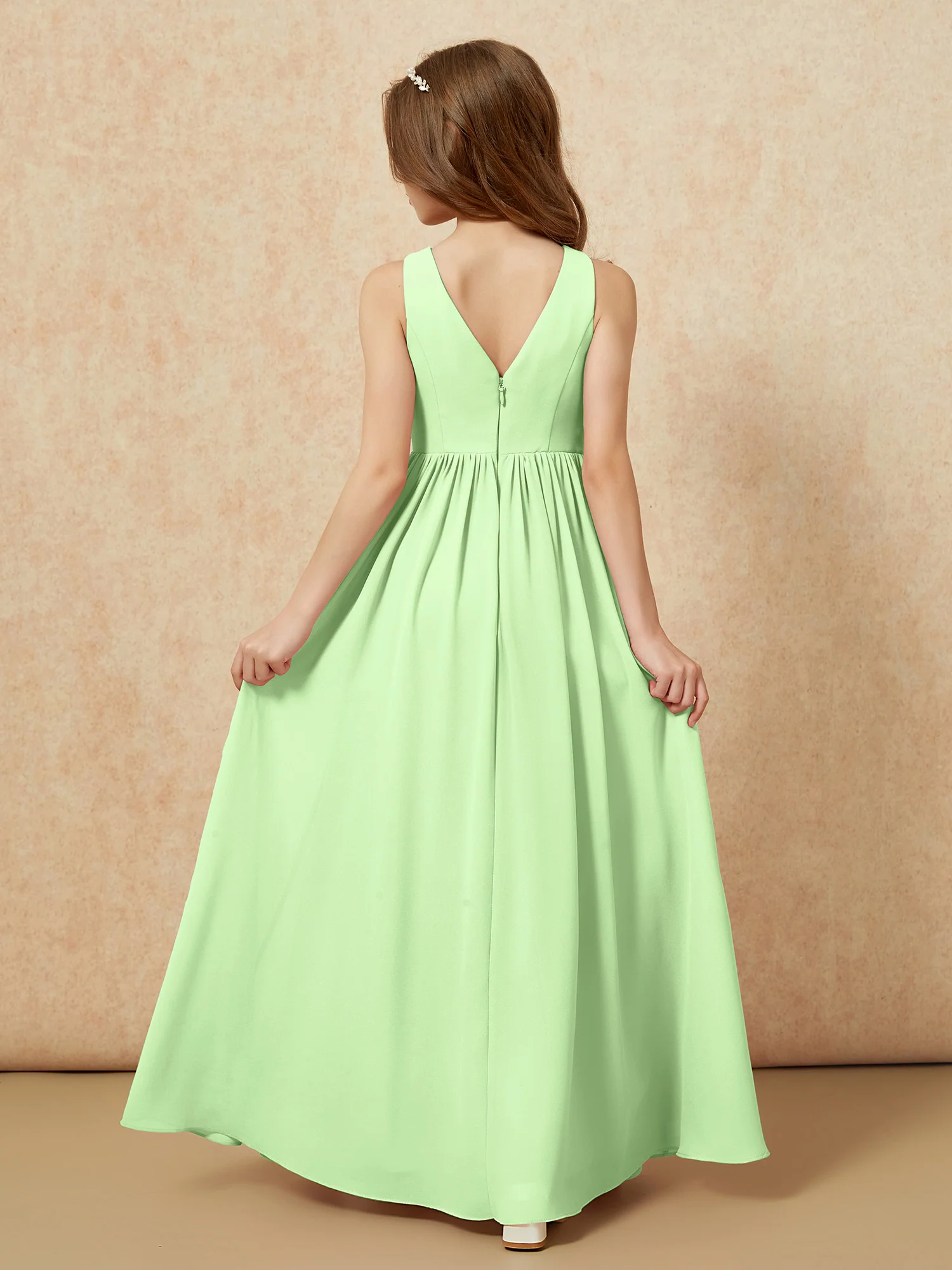 Pleated V-neck Chiffon Long Junior Bridesmaid Dresses Sage - Image 2