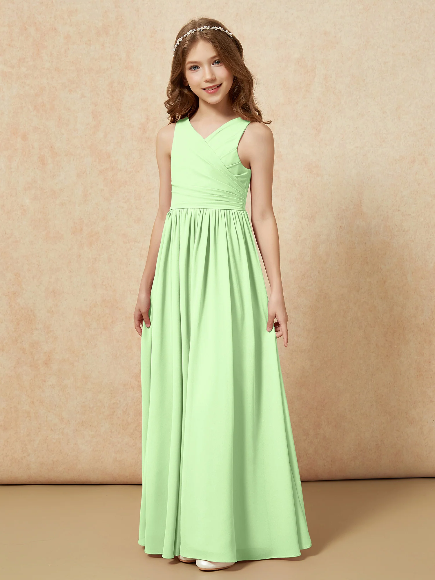 Pleated V-neck Chiffon Long Junior Bridesmaid Dresses Sage - Image 3