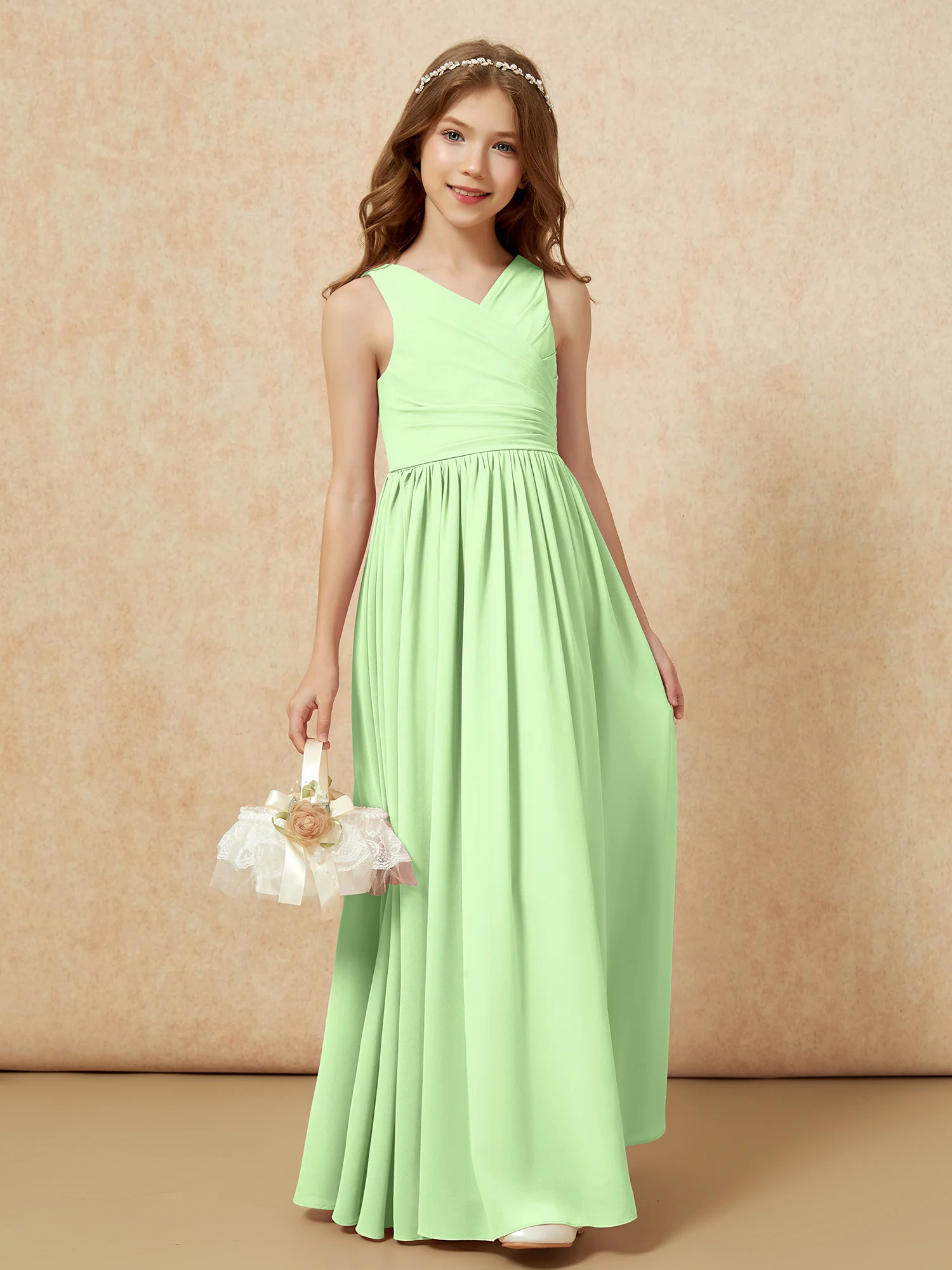 Pleated V-neck Chiffon Long Junior Bridesmaid Dresses Sage - Image 4