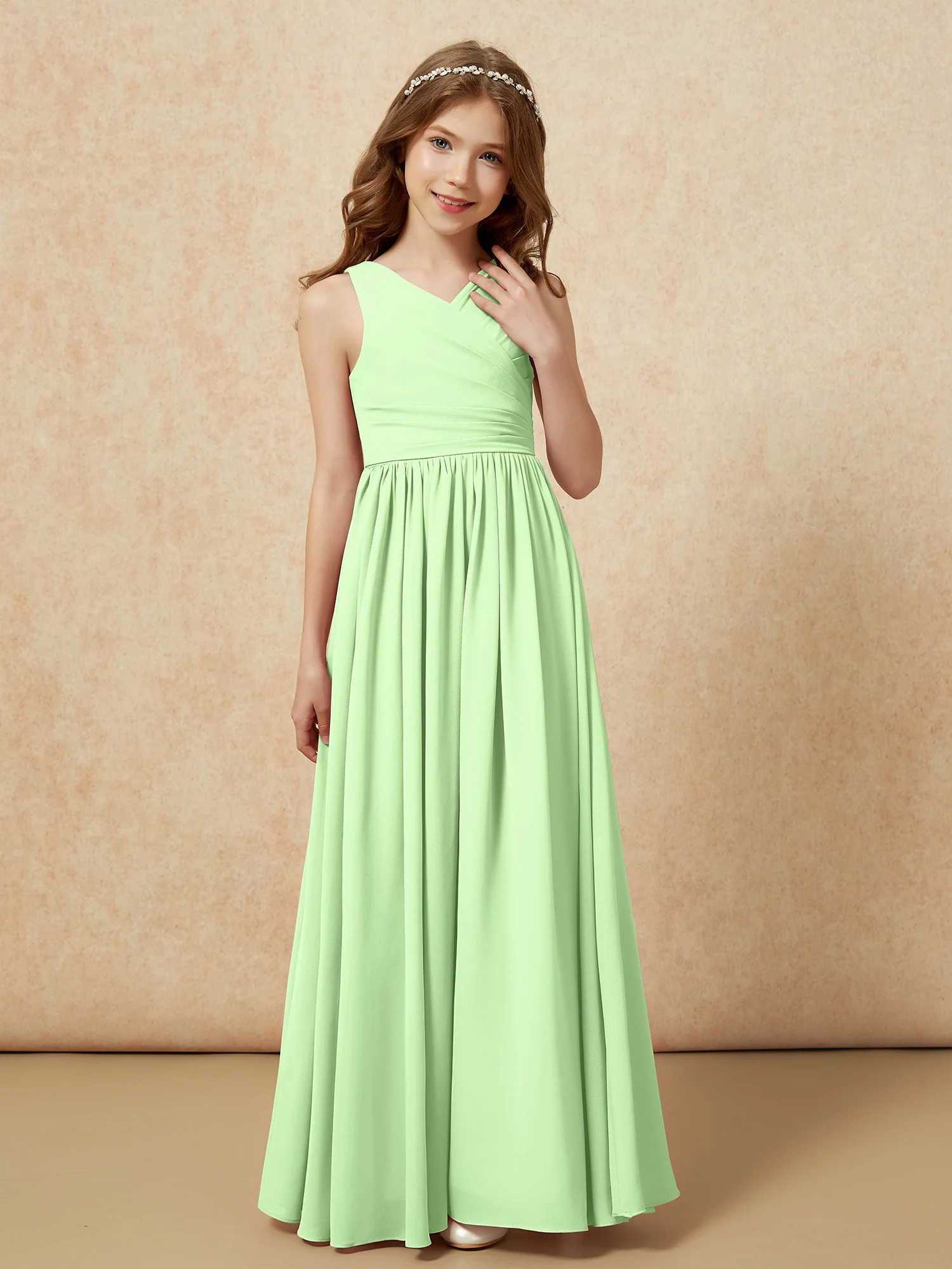 Pleated V-neck Chiffon Long Junior Bridesmaid Dresses Sage - Image 5