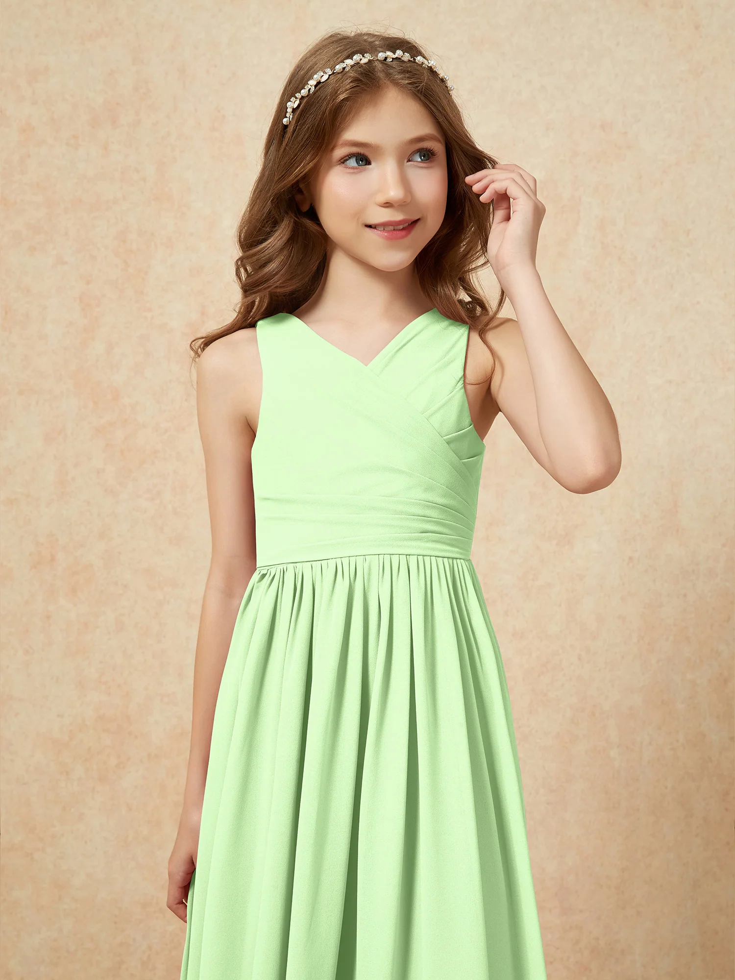 Pleated V-neck Chiffon Long Junior Bridesmaid Dresses Sage - Image 6
