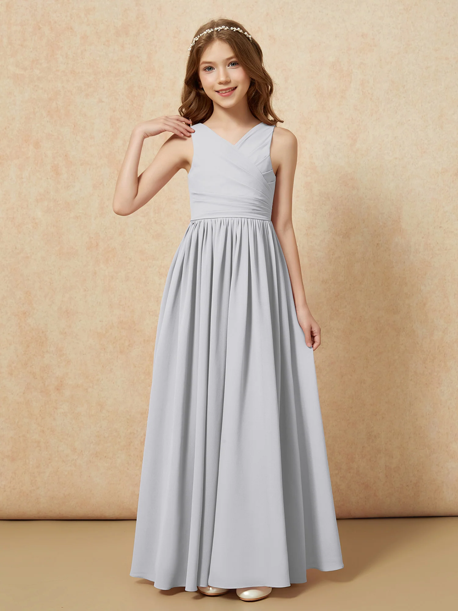 Pleated V-neck Chiffon Long Junior Bridesmaid Dresses Silver