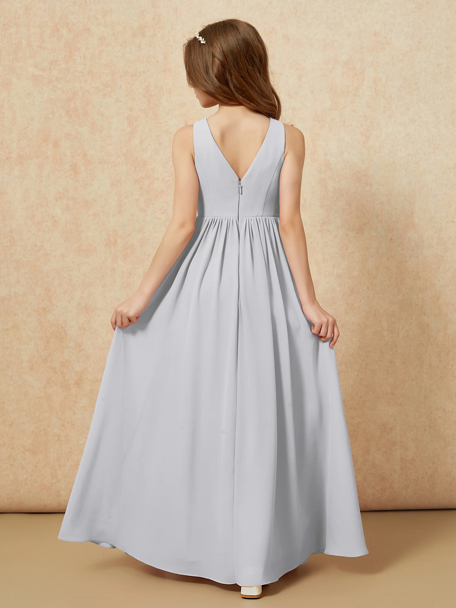 Pleated V-neck Chiffon Long Junior Bridesmaid Dresses Silver - Image 2