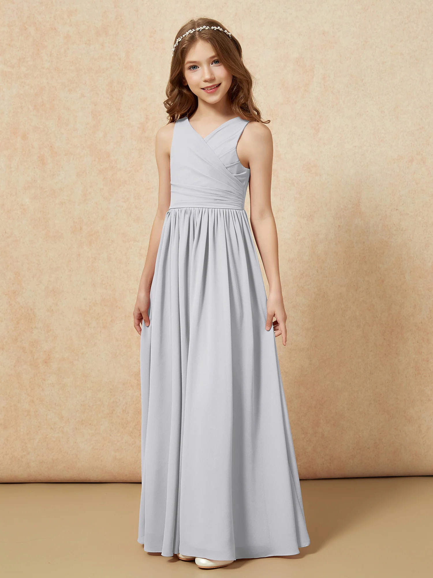 Pleated V-neck Chiffon Long Junior Bridesmaid Dresses Silver - Image 3