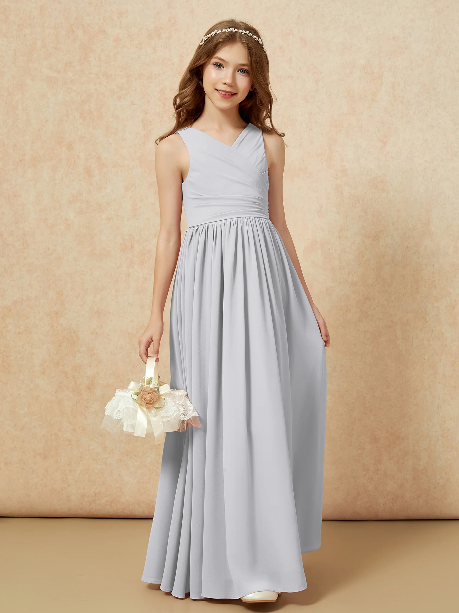 Pleated V-neck Chiffon Long Junior Bridesmaid Dresses Silver - Image 4