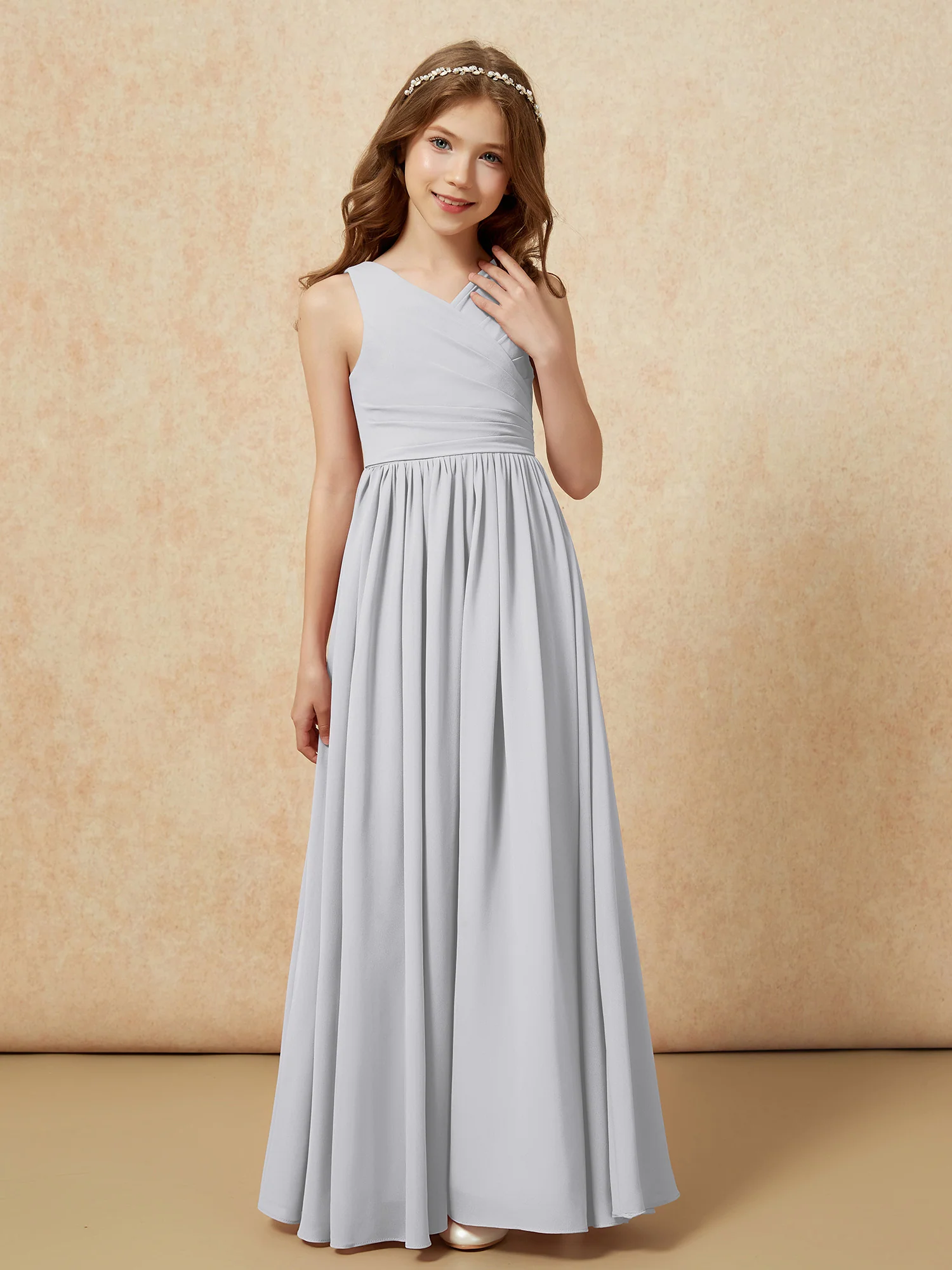 Pleated V-neck Chiffon Long Junior Bridesmaid Dresses Silver - Image 5
