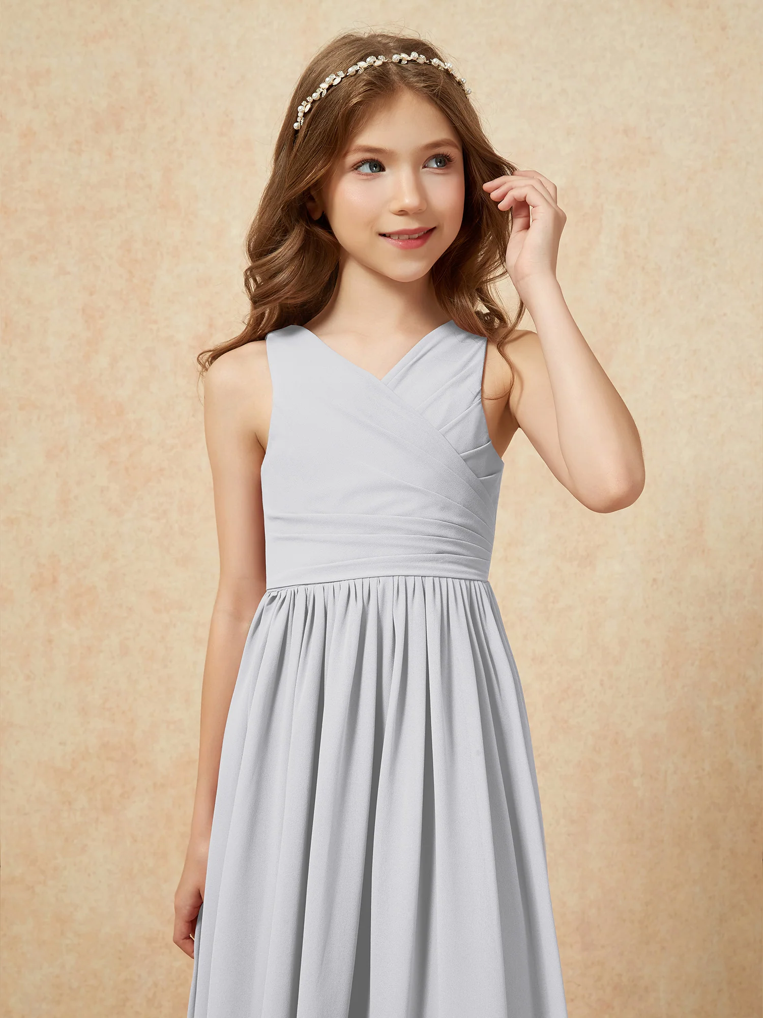 Pleated V-neck Chiffon Long Junior Bridesmaid Dresses Silver - Image 6