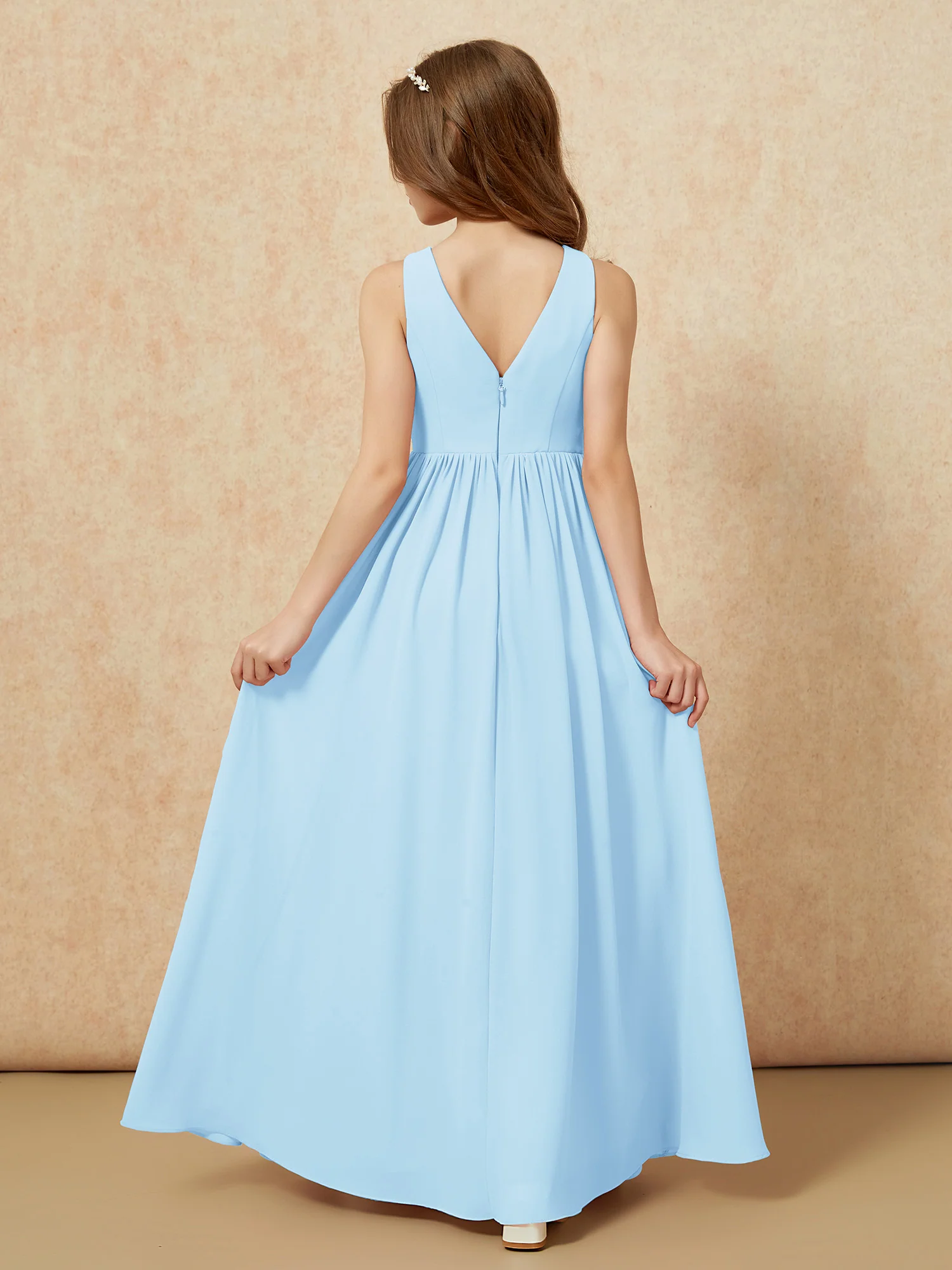 Pleated V-neck Chiffon Long Junior Bridesmaid Dresses Sky Blue - Image 2