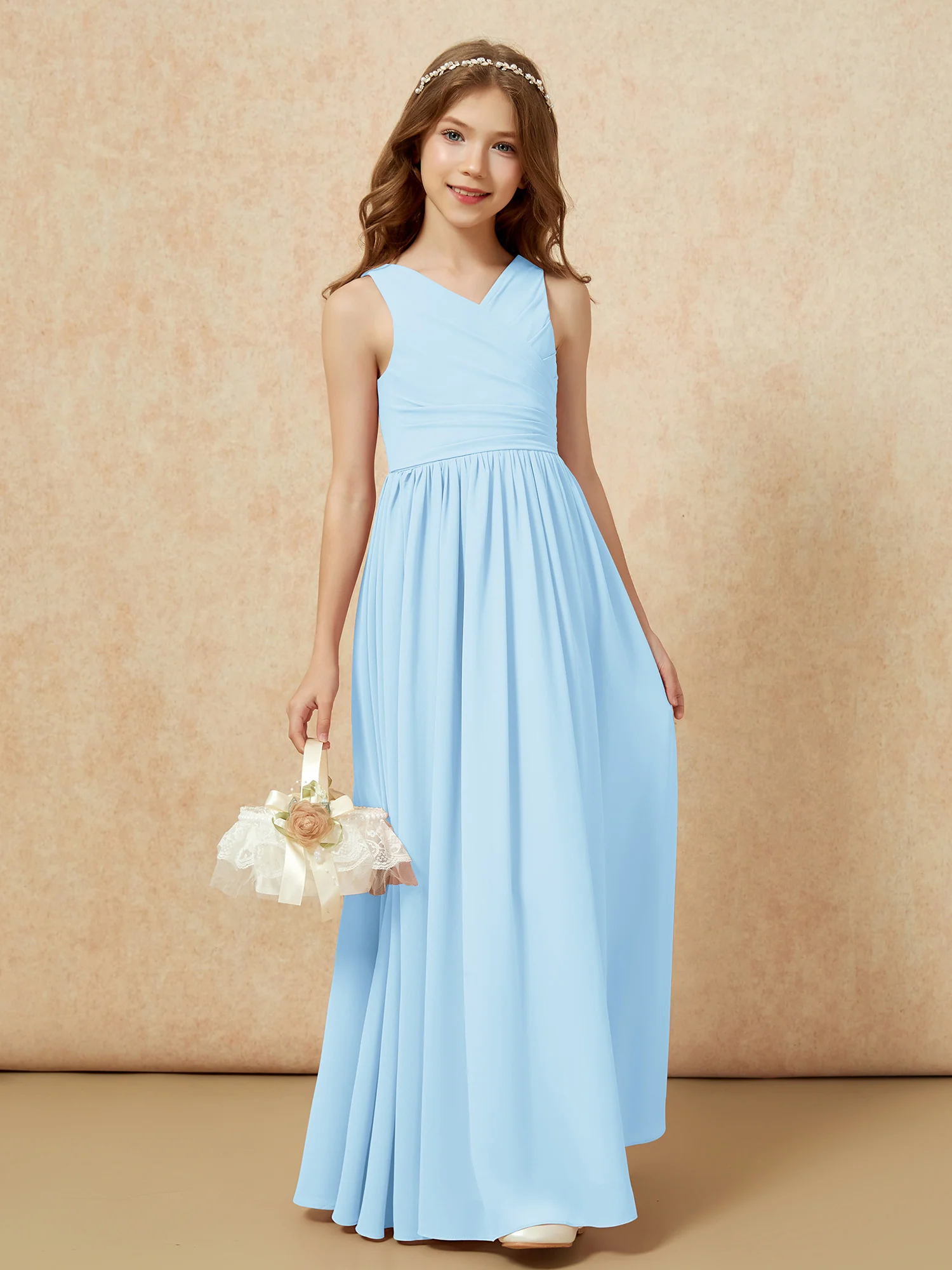 Pleated V-neck Chiffon Long Junior Bridesmaid Dresses Sky Blue - Image 4