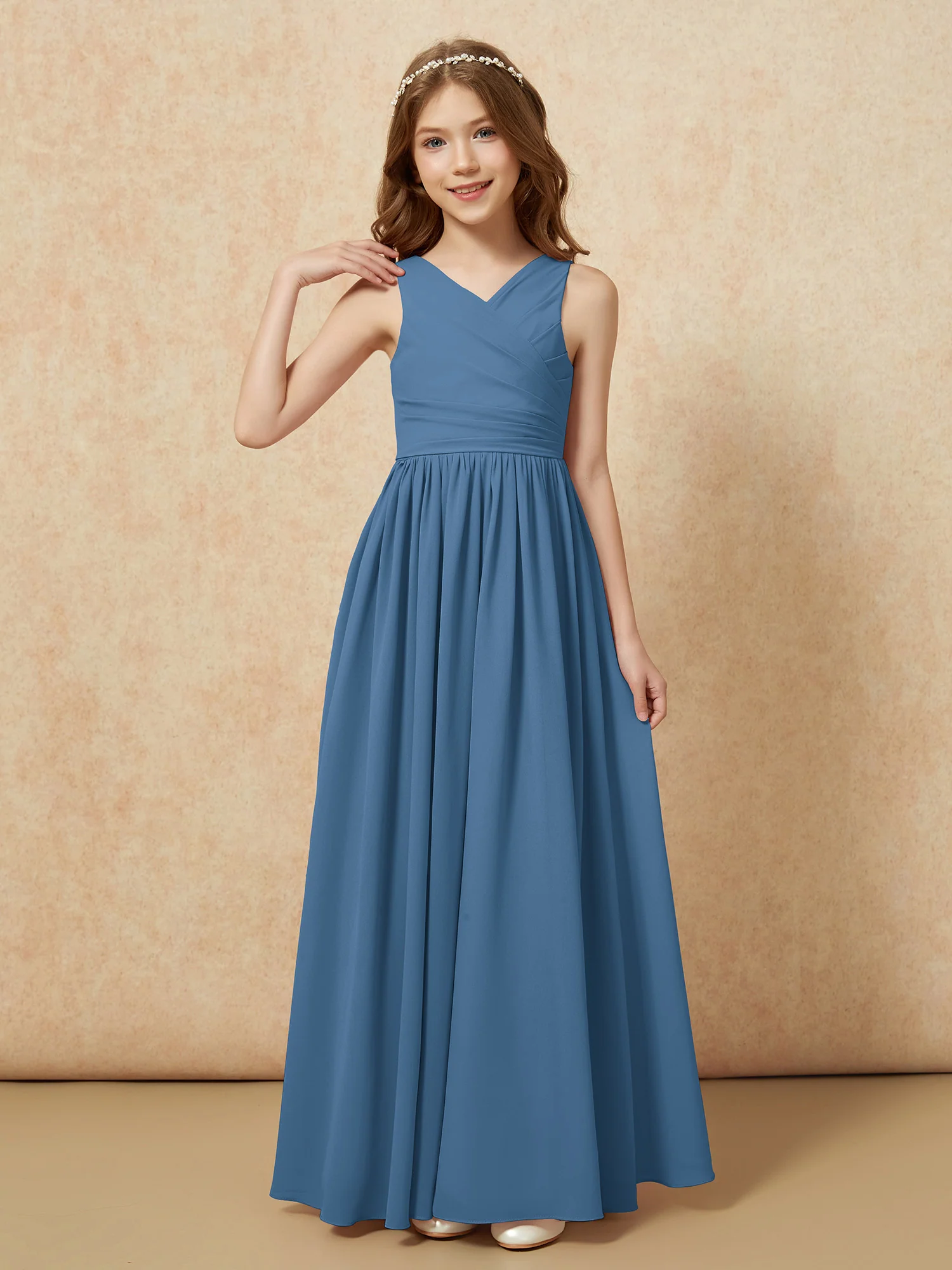 Pleated V-neck Chiffon Long Junior Bridesmaid Dresses Slate Blue