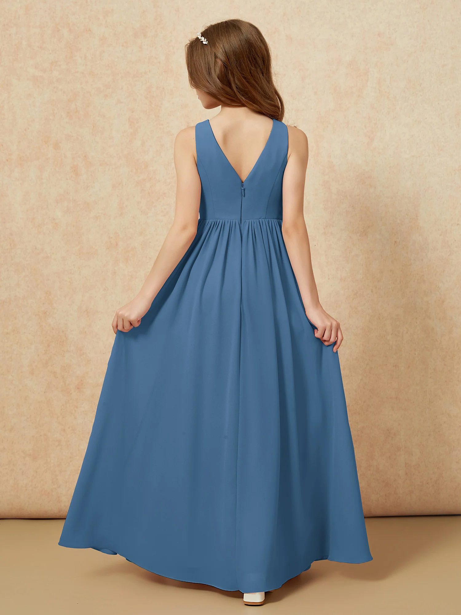 Pleated V-neck Chiffon Long Junior Bridesmaid Dresses Slate Blue - Image 2